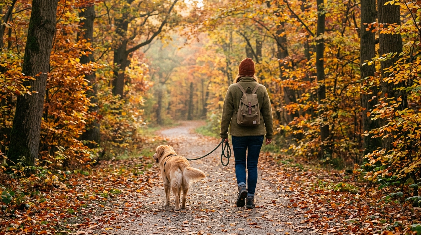 A dog and owner walking together down a tree-lined path on a soft autumn morning, the dog at a calm steady pace on lead, photographed from behind, golden light