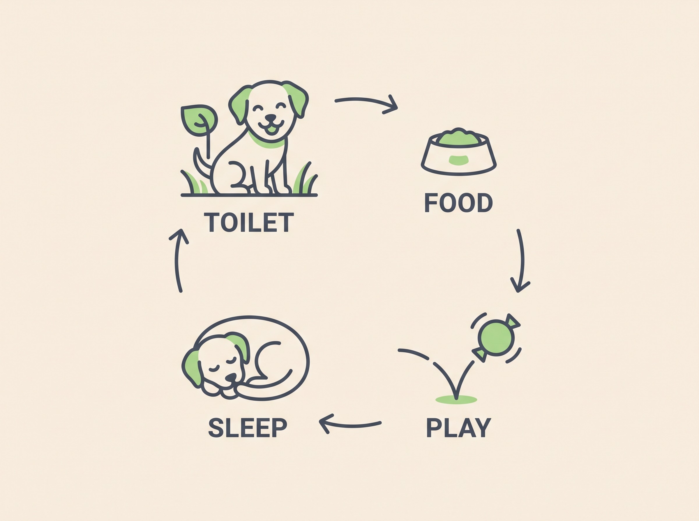 A gentle flat-vector illustration of a daily rhythm for a new pet, showing simple icons for a toilet trip, a small meal, a short play session and a nap, arranged as a calm repeating loop on a cream background.