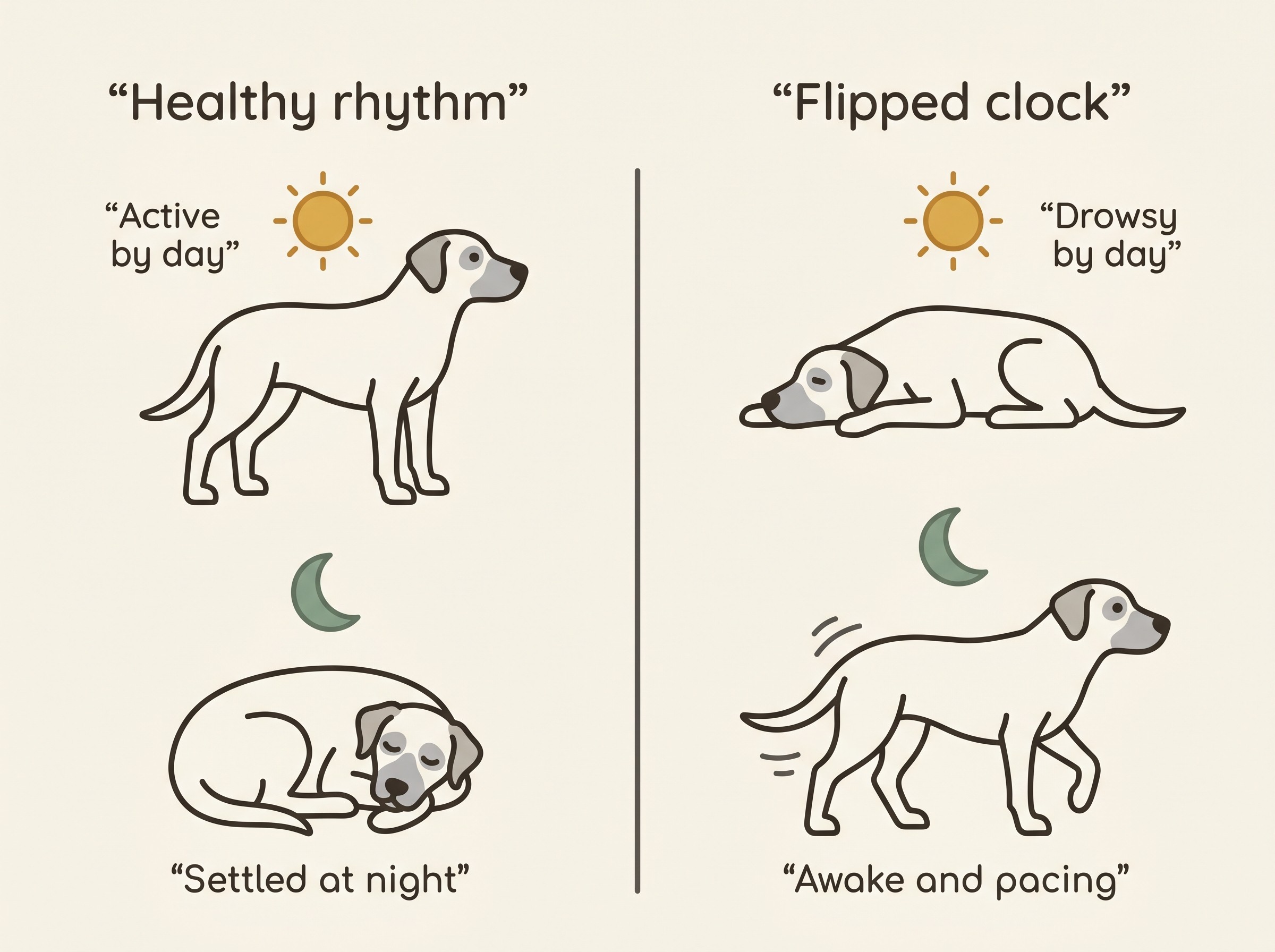 A simple before-and-after diagram of a dog's daily rhythm. On the left, a healthy older dog: active and alert by day, settled and sleeping at night. On the right, the reversed clock of an ageing mind: drowsy and flat by day, awake and pacing through the small hours.