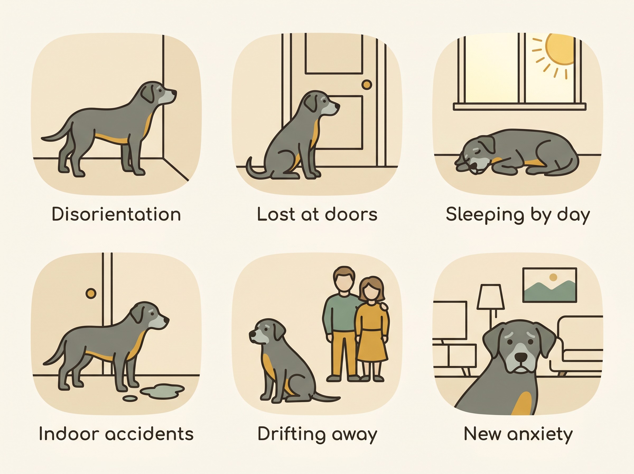 A flat-vector panel of six gentle vignettes of an older dog showing the early signs of an ageing mind: standing facing a corner, hesitating at a closed door, sleeping in daylight, having an accident indoors, sitting apart from the family, and looking anxious in a familiar room. Each is captioned with a plain-language label.