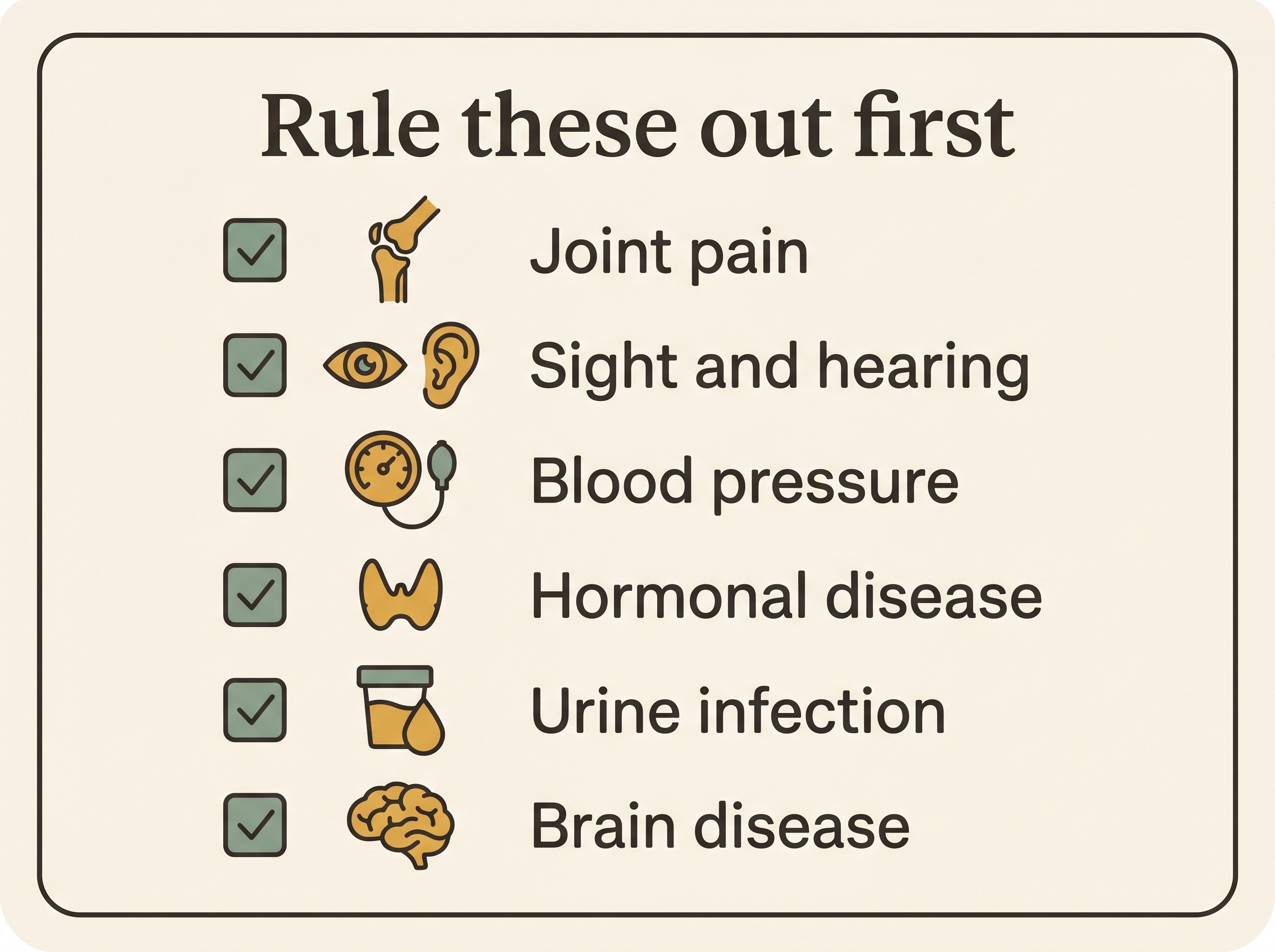 A "rule these out first" panel: a checklist of the treatable conditions that can imitate an ageing mind in an older dog, including joint pain, fading sight and hearing, high blood pressure, hormonal disease, a urine infection, and brain disease, each with a small icon.
