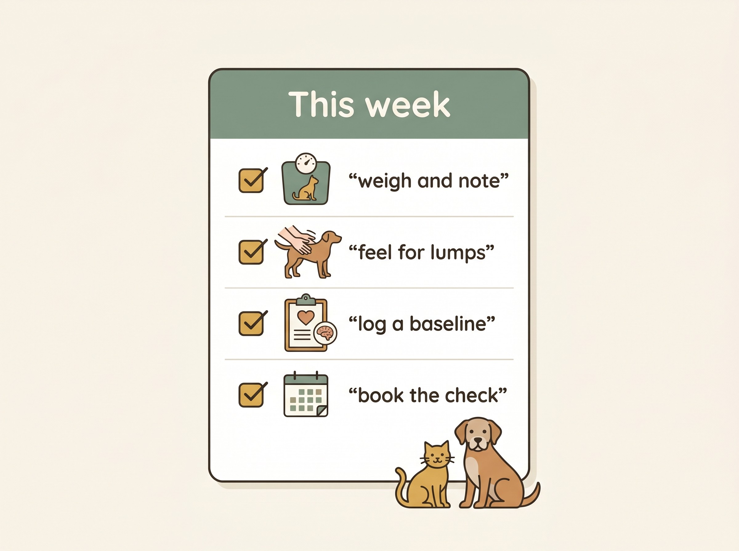 A simple "this week" checklist card for a newly older dog or cat: weigh them and note it, run hands over the body for lumps and thinning muscle, log a first Vitality and Mind baseline, and book the next six-monthly check.