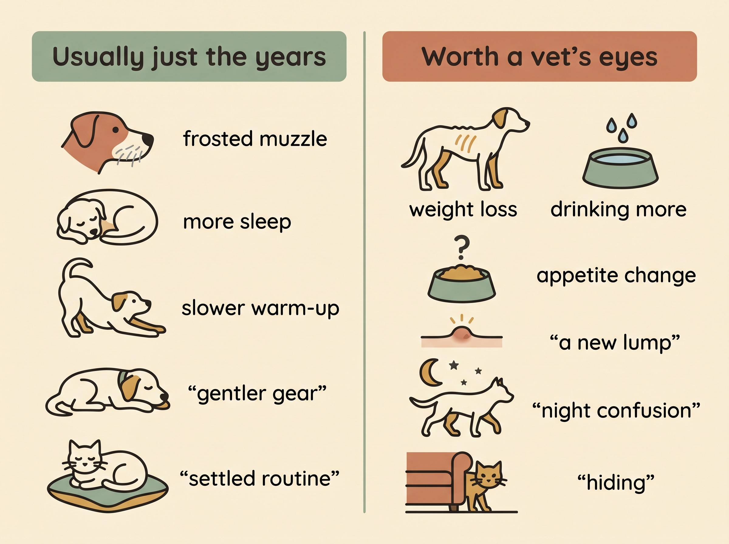 A two-column sorting panel headed "Usually just the years" and "Worth a vet's eyes". The left column shows a frosted muzzle, more sleep, a slower warm-up, a gentler gear and a settled routine. The right column shows weight loss, drinking more, an appetite change, a new lump, night confusion and hiding or a sudden change in temperament.