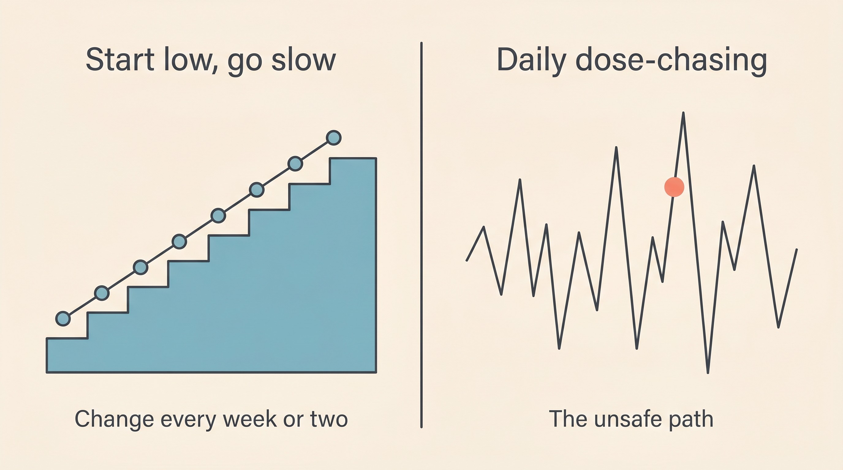 A simple two-panel diagram contrasting safe, gradual dose adjustment every week or two against unsafe daily dose-chasing
