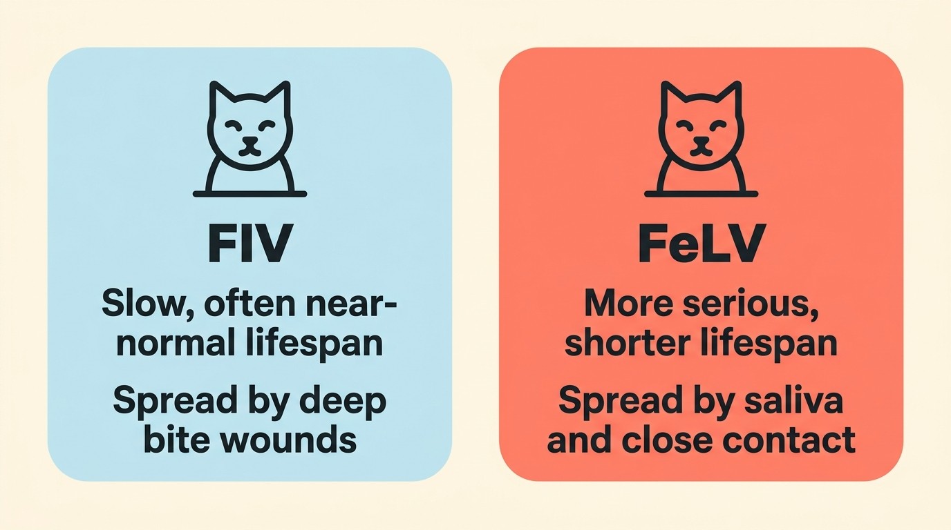A simple two-column comparison: FIV on the left showing slow immune decline, often a near-normal lifespan, spread mainly by deep bite wounds; FeLV on the right showing a more serious outlook, often a shorter lifespan, spread by saliva and close friendly contact