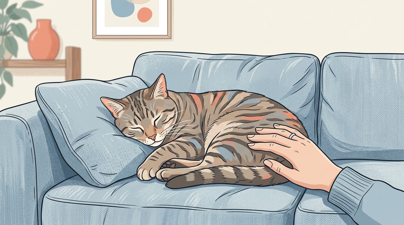 A calm tabby cat resting on a sofa with its owner sitting nearby, a warm and reassuring home scene