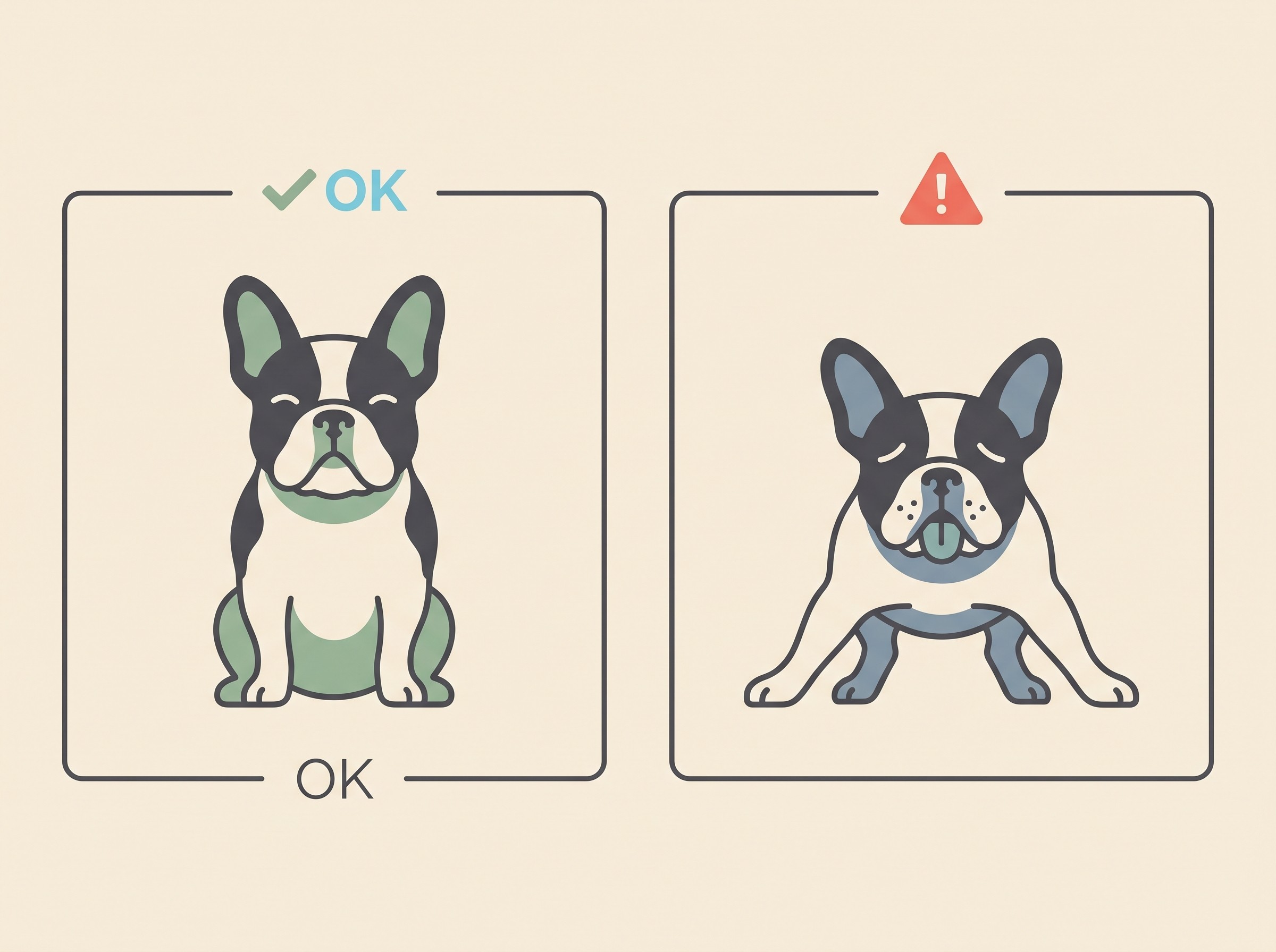 A side-by-side illustration: on the left, a relaxed flat-faced dog breathing quietly; on the right, the same dog with elbows pushed out, neck stretched forward and gums tinged blue, labelled as the emergency picture
