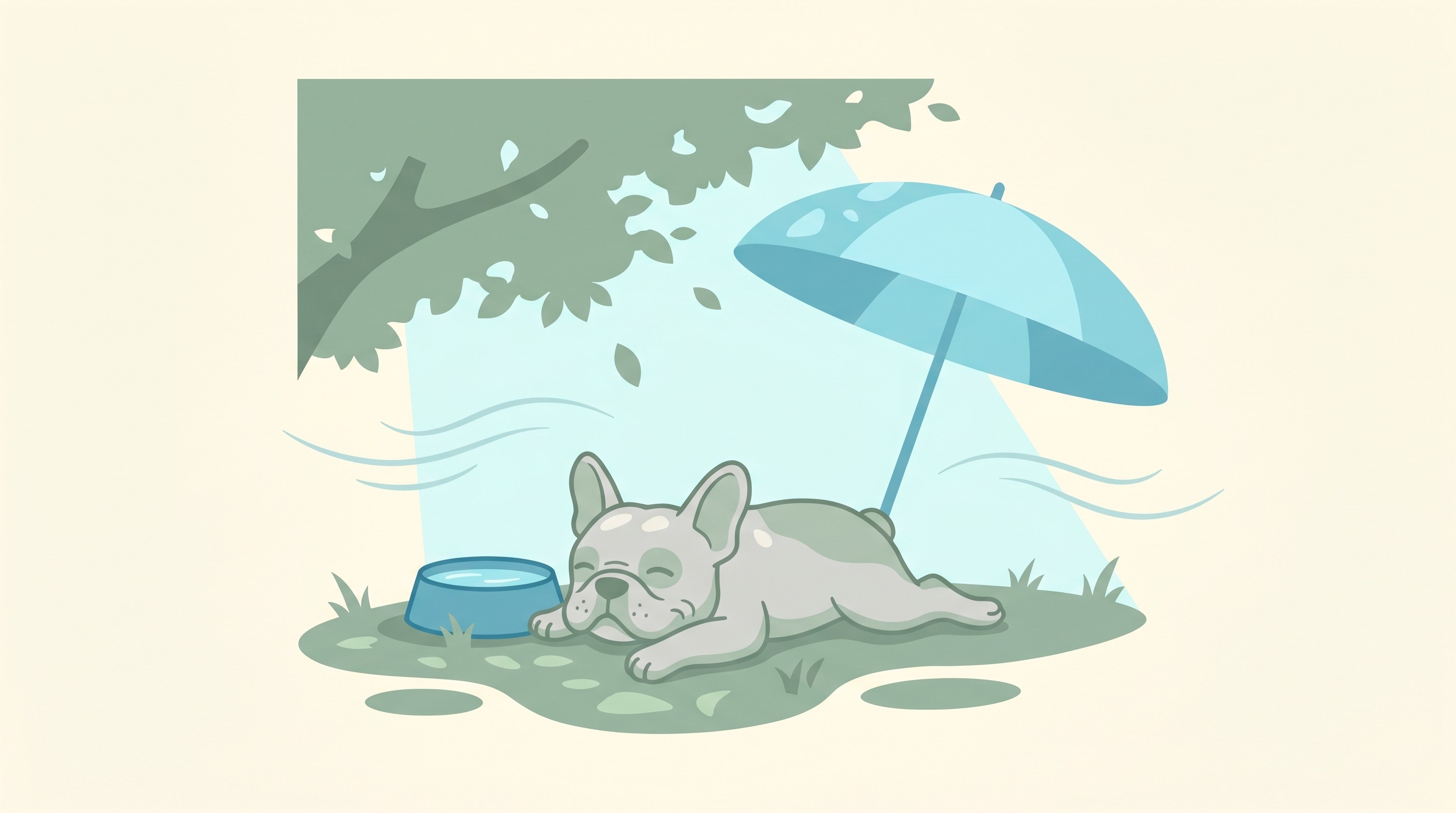 A flat-faced dog resting in the shade beside a bowl of water on a warm day, in a warm flat-vector style on a cream background