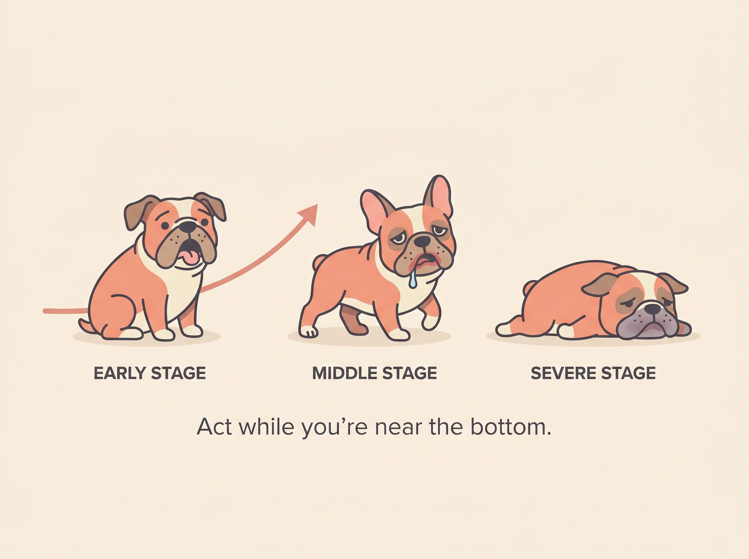 A side-by-side comparison of the warning ladder: a mildly affected dog panting heavily and seeking shade with pink gums, beside a severely affected dog collapsed with dusky bluish gums, drawn as calm flat icons on a cream background