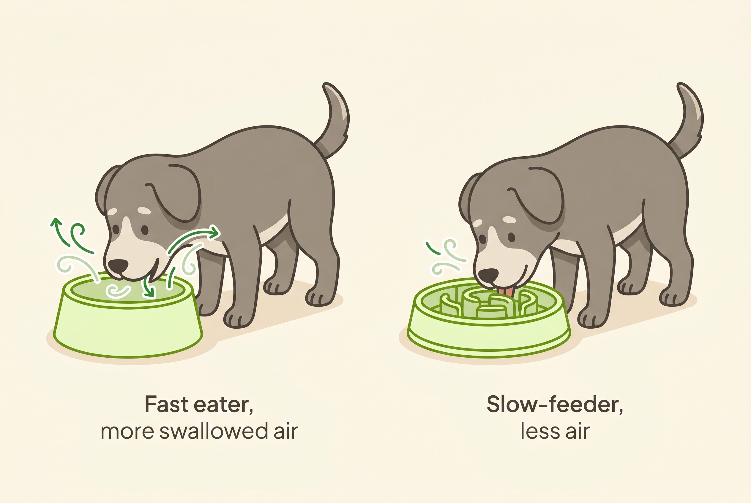 Flat illustration on cream: a dog gulping fast from a deep bowl with air arrows labelled "Fast eater, more swallowed air", beside the same dog at a ridged slow-feeder bowl labelled "Slow-feeder, less air".