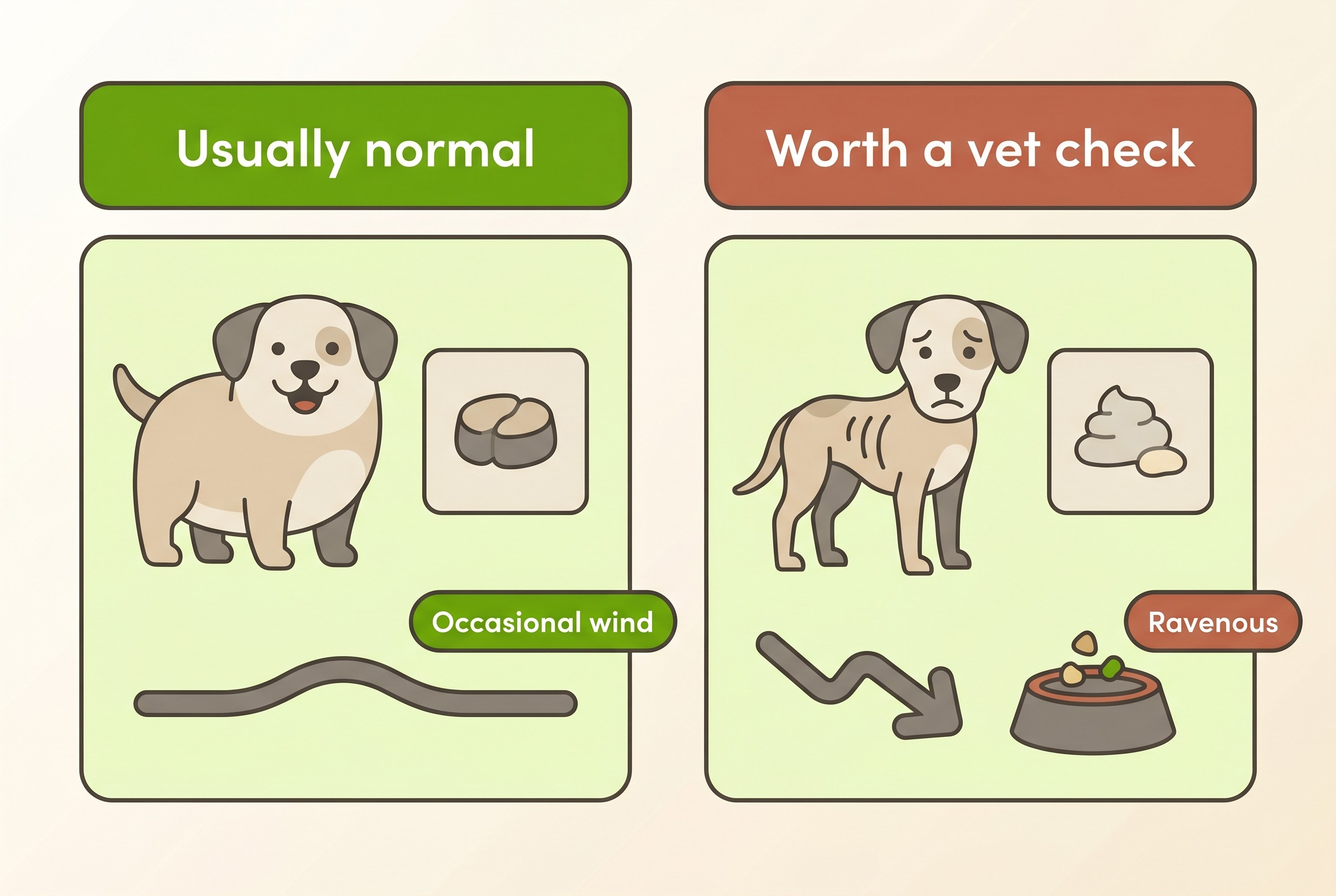 Two-column flat illustration on cream. Left, headed "Usually normal": a bright dog, a firm stool, steady weight, "occasional wind". Right, headed "Worth a vet check": a thin dog, a loose greasy stool, a downward weight arrow and a bowl marked "ravenous".