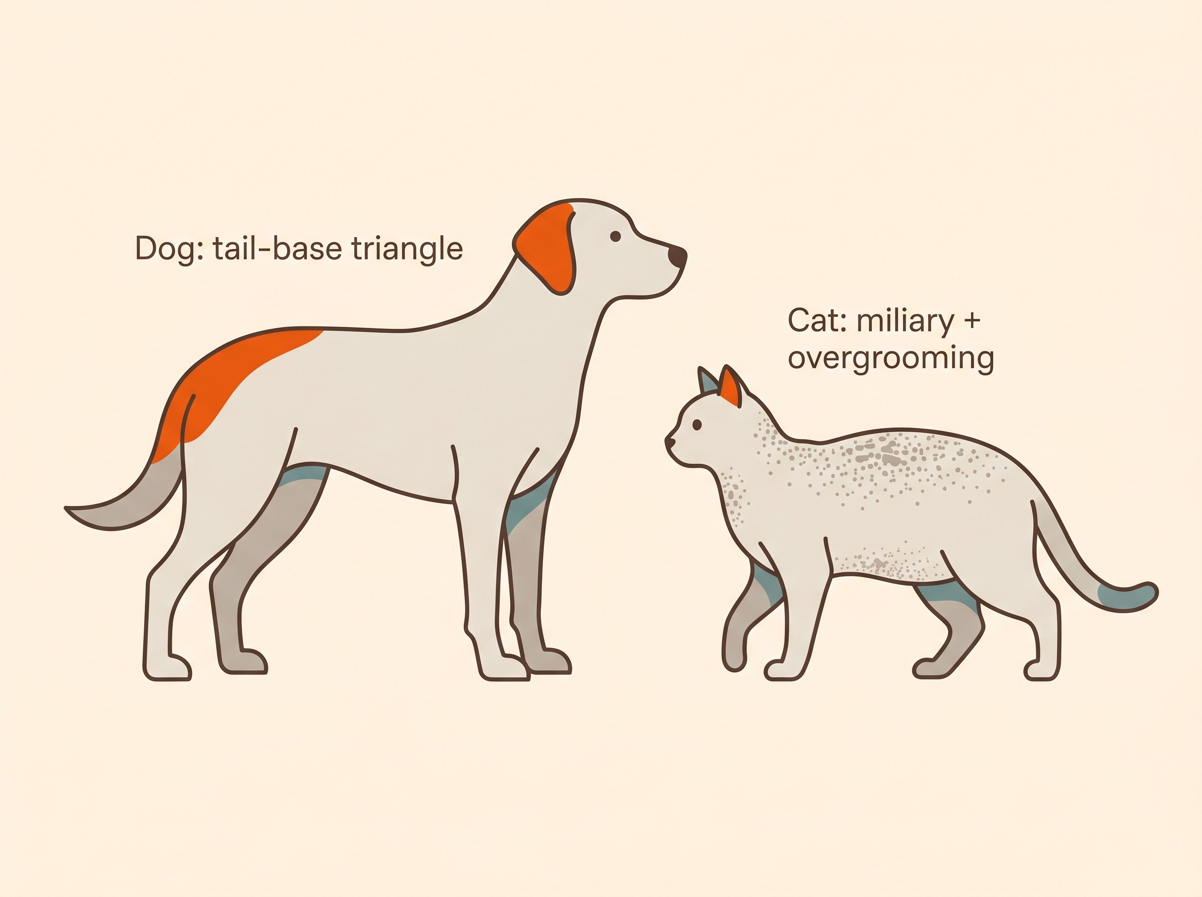 A dog with the lower back, tail base and backs of the thighs highlighted, beside a cat showing miliary dermatitis and overgrooming on the back, neck and belly