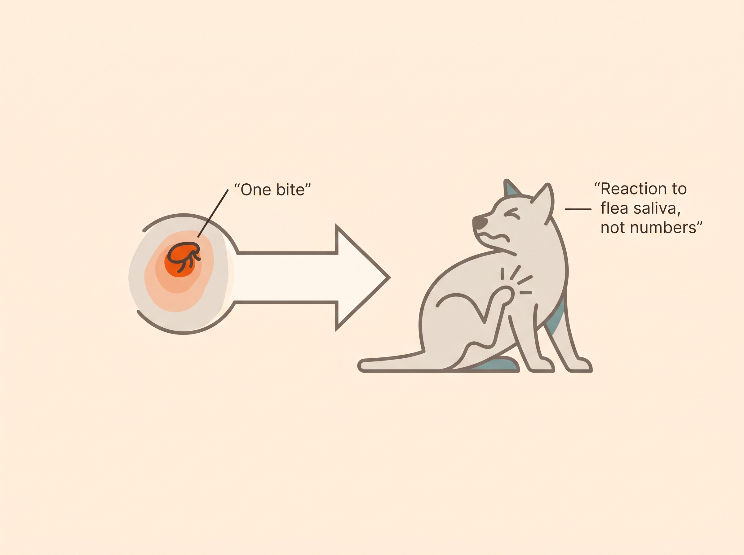 A single flea bite leading by an arrow to an inflamed, itchy pet, with a note that the reaction is to flea saliva rather than to large numbers of fleas