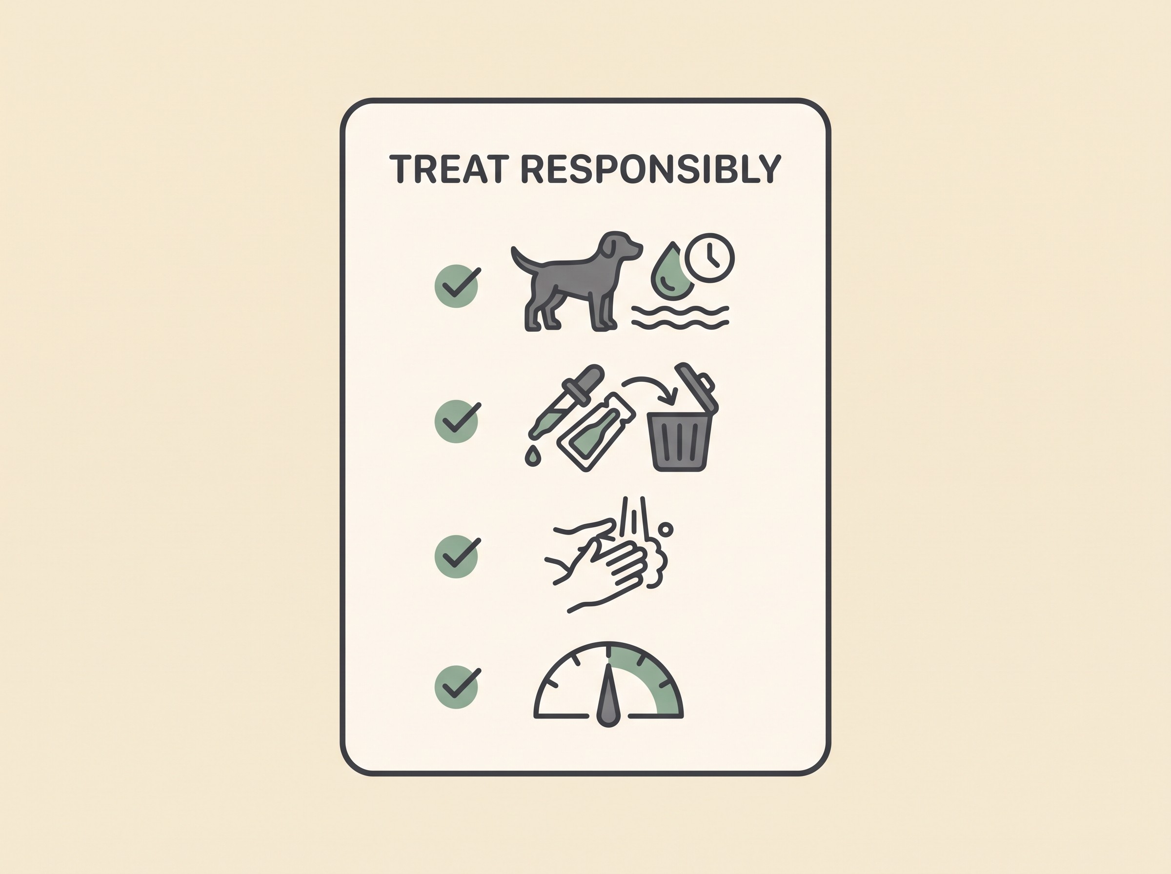 A "treat responsibly" checklist card with icons for no swimming after a spot-on, disposing of packaging properly, and a right-sized plan, flat vector on warm cream with a sage-green accent.