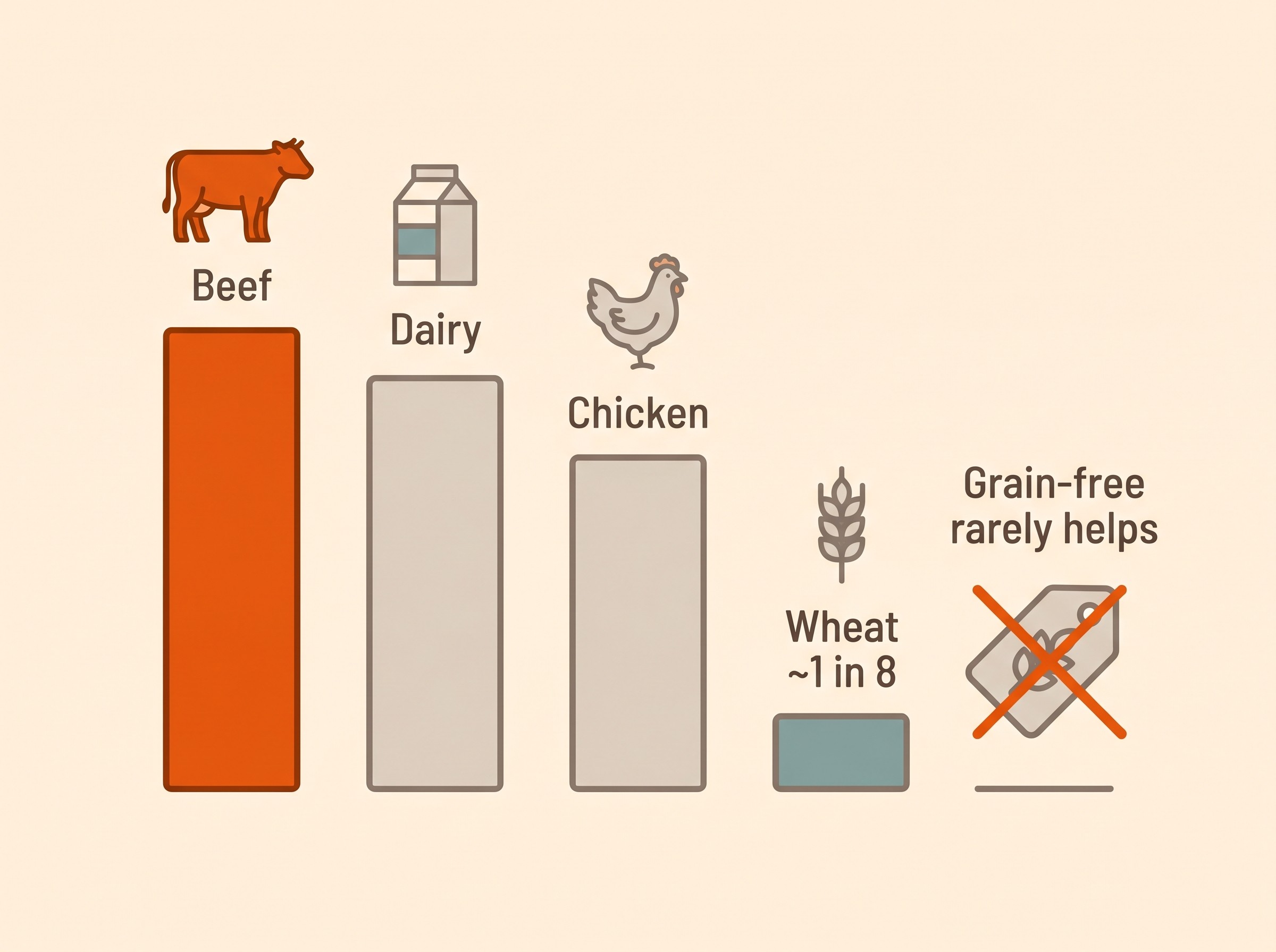A chart contrasting the proteins that actually cause most food allergy (beef, dairy, chicken) with grain, the ingredient most often blamed and removed