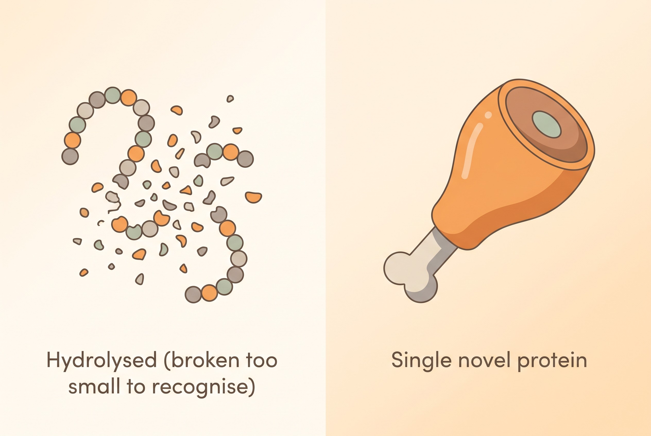Two valid trial diets shown side by side on a cream background: hydrolysed protein broken into fragments too small for the immune system to recognise, and a single novel protein the pet has never eaten