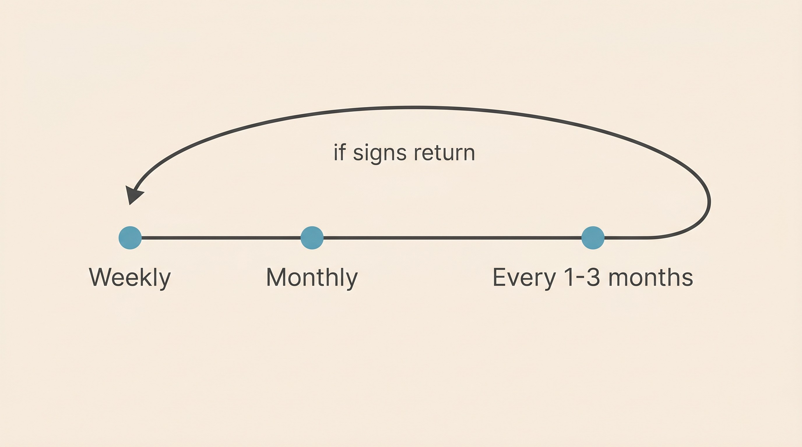 A horizontal timeline on cream stepping from "weekly" at the start, to "monthly" while settling, to "every 1-3 months" when stable, with a loop-back arrow labelled "if signs return"