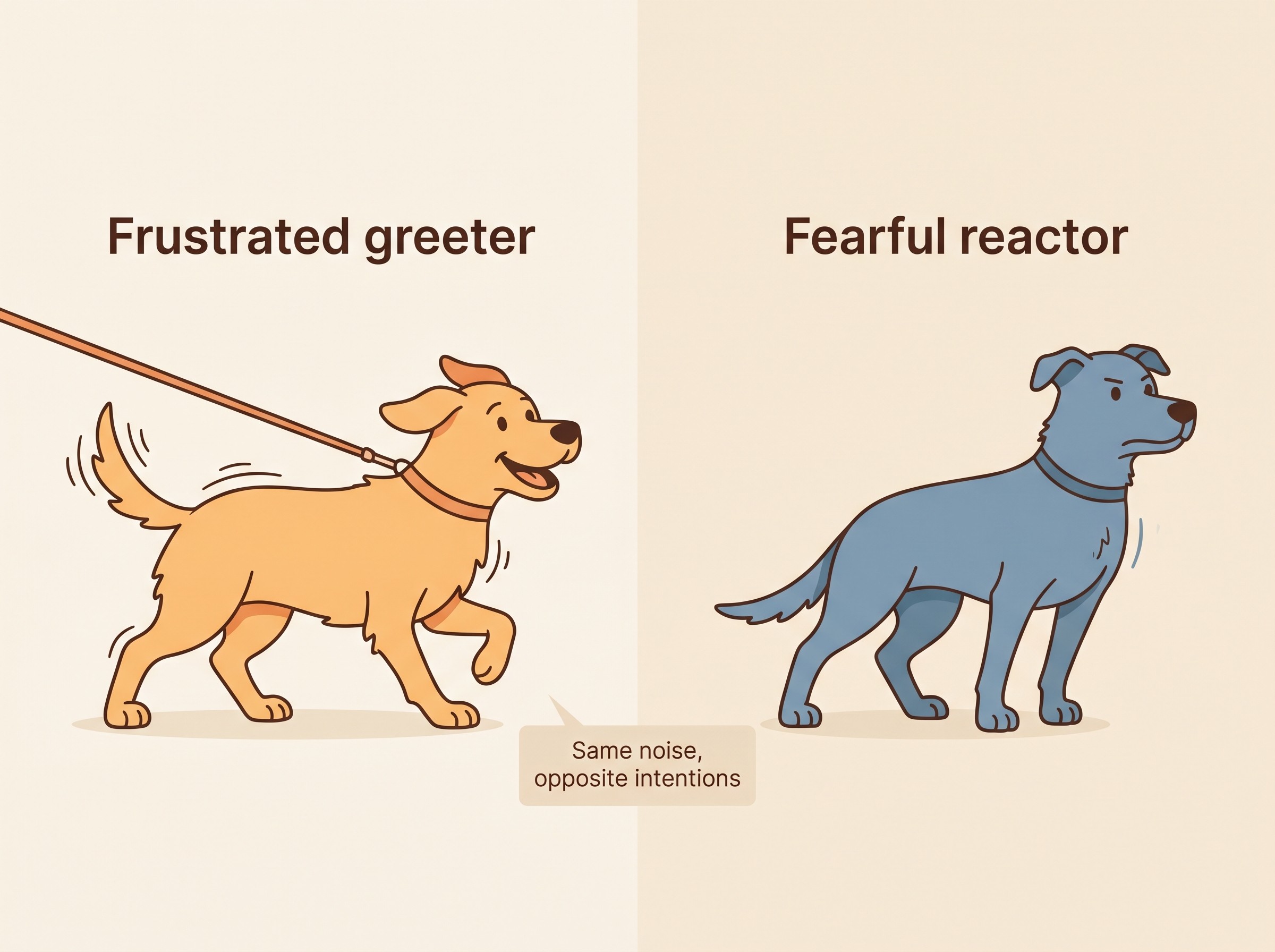 A side-by-side comparison of two dogs reacting on the lead, one straining forward to greet with a loose wiggly body, the other leaning back and away with a hard stare