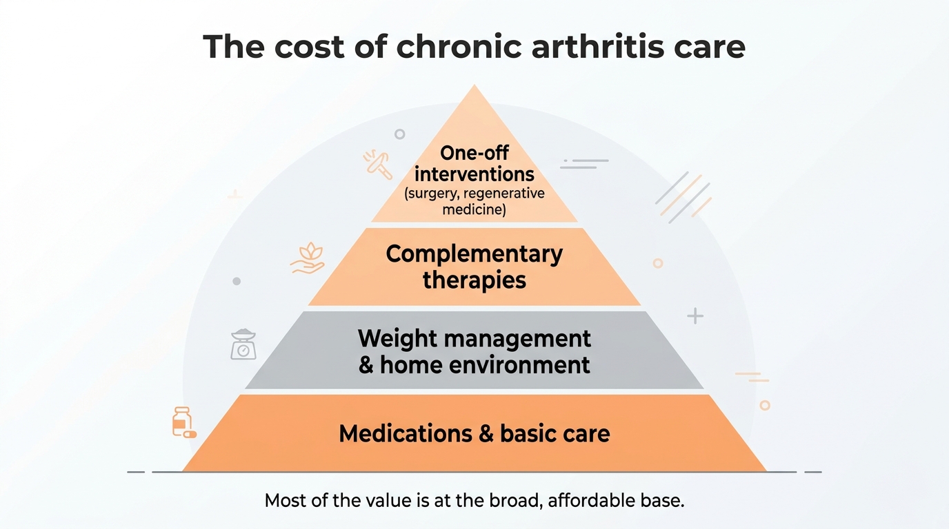 A cost-pyramid infographic for chronic arthritis care: medications and basic care at the broad base, then weight management and home environment, then complementary therapies, with expensive one-off interventions like surgery at the narrow peak
