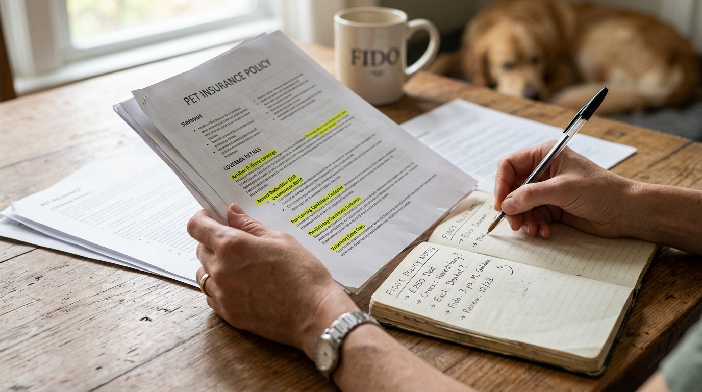 Close-up of hands going through pet insurance policy documents with highlighted text and notes in a notebook, soft natural light, still life