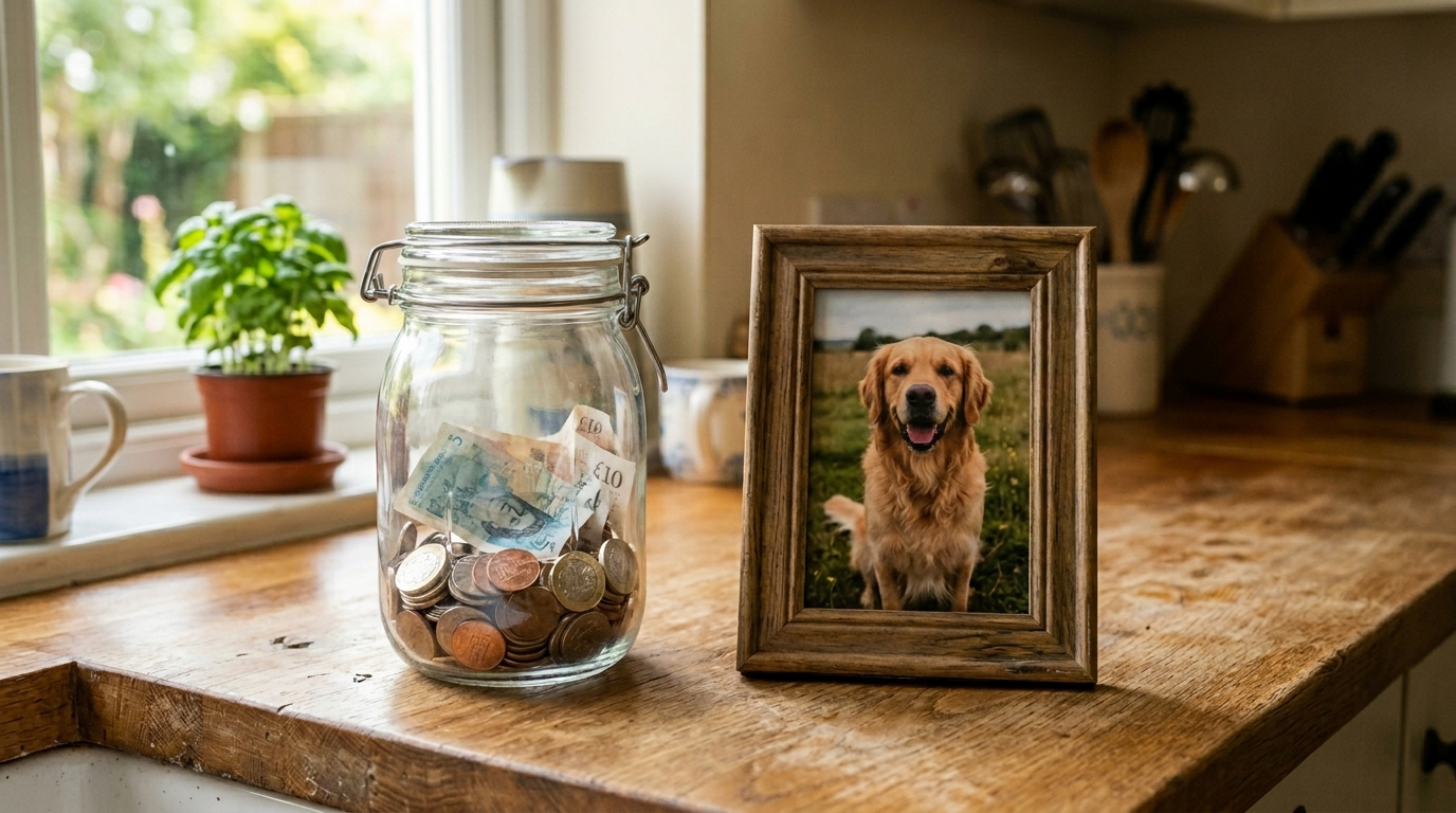 A coin jar partially filled with notes and coins beside a framed photo of a dog on a kitchen counter, soft natural light, still life