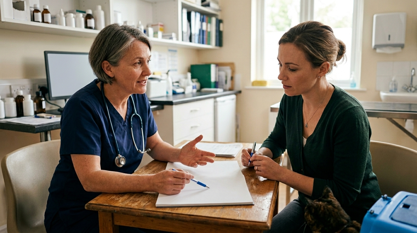 An owner and vet in earnest conversation across a consulting-room desk, a treatment chart between them, both engaged in discussing options and costs, soft natural light