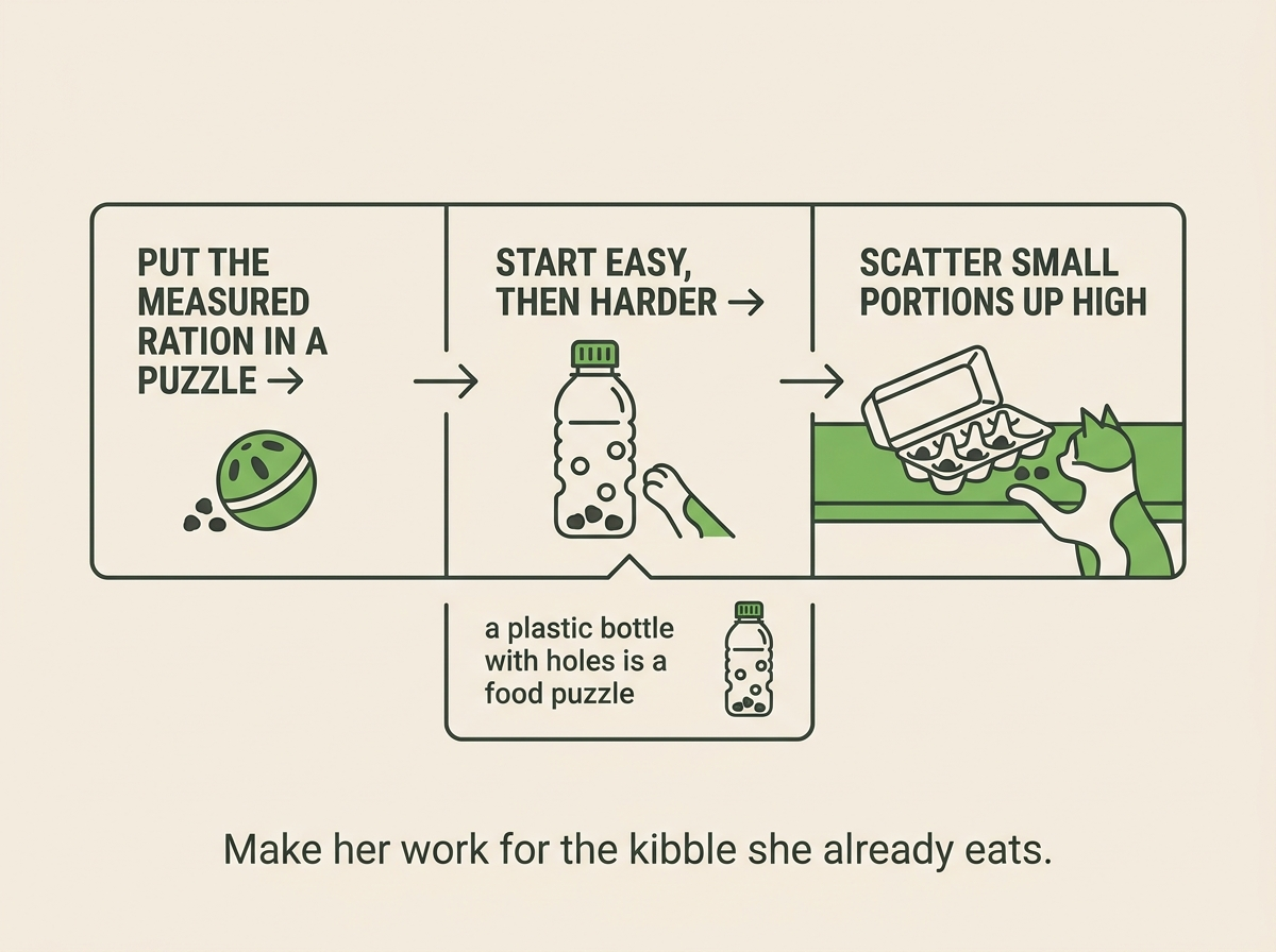 A three-step strip showing the measured ration going into a puzzle, then made harder, then scattered up high, with icons of a treat ball, a plastic-bottle puzzle and an egg box
