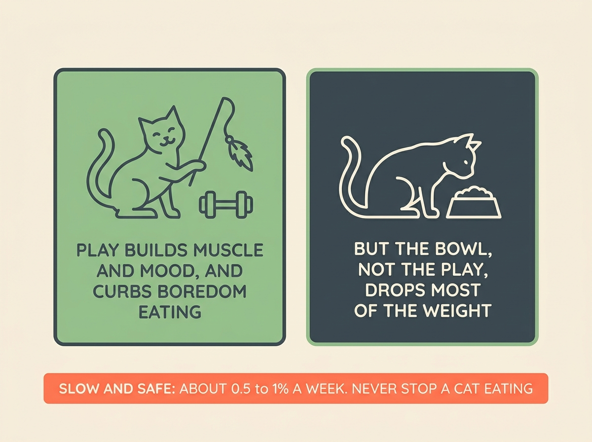 Two tiles side by side, one reading "play = muscle, mood, less boredom eating" and one reading "the measured bowl = most of the weight", with a coral safety strip beneath