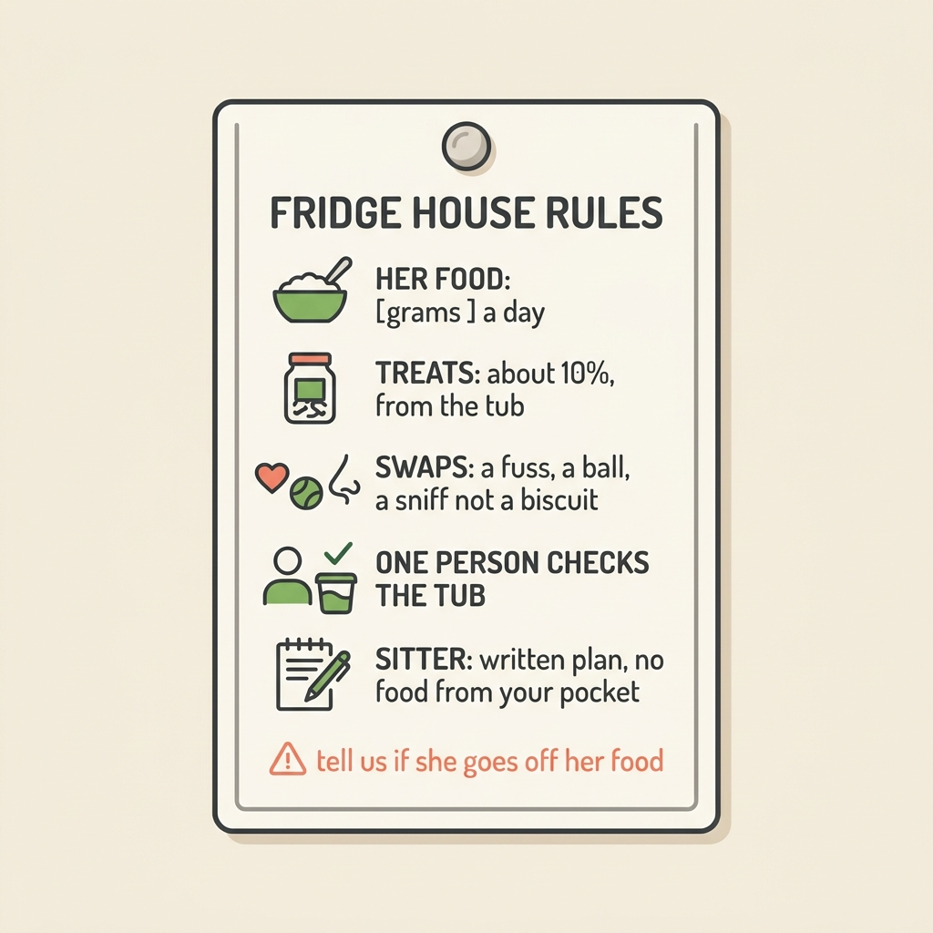A shareable 'FRIDGE HOUSE RULES' card stuck on a fridge, a tidy checklist reading 'HER FOOD: grams a day · TREATS: about 10%, from the tub · SWAPS: a fuss, a ball, a sniff not a biscuit · ONE PERSON CHECKS THE TUB · SITTER: written plan, no food from your pocket', with a small coral line 'TELL US IF SHE GOES OFF HER FOOD'.