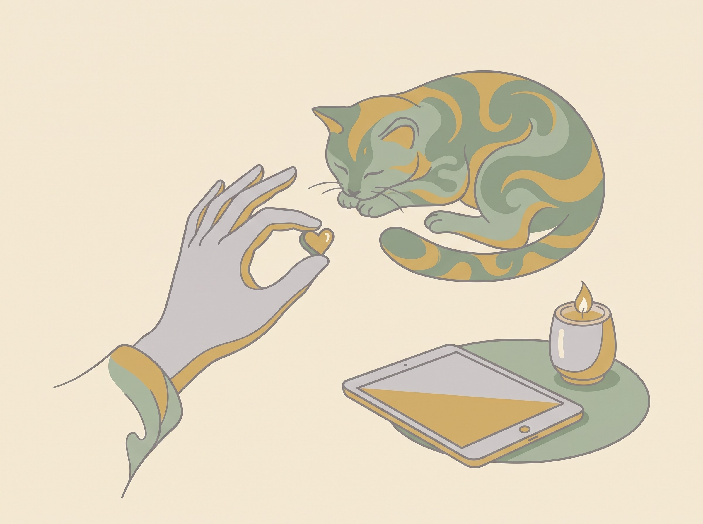 A calm hand offering a small treat to a relaxed cat after a tablet, warm candle-gold and sage tones