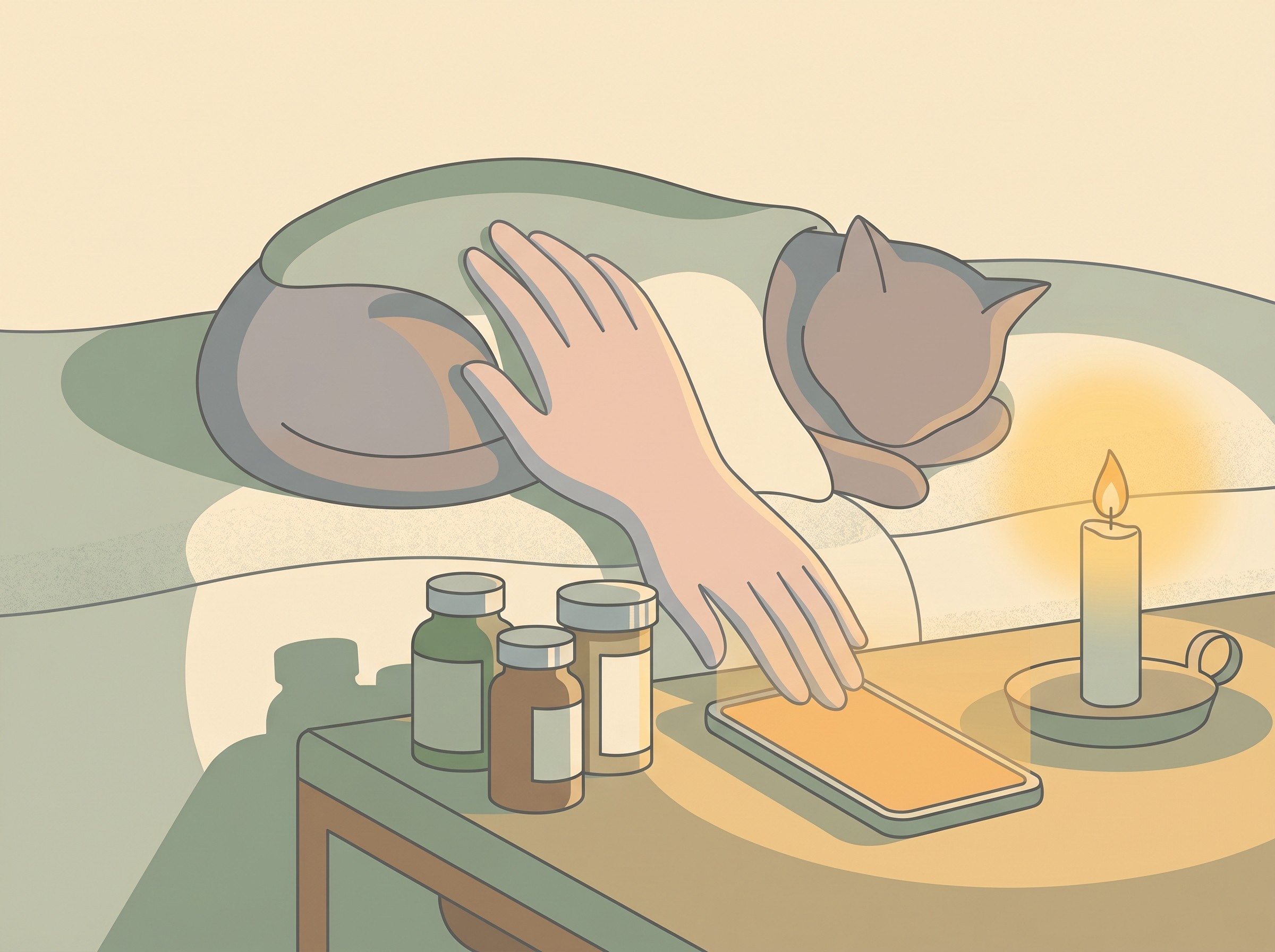 A warm bedside scene at night: a hand resting on a settled pet and reaching past the medicine bottles for a phone, candle-gold light against soft sage shadow