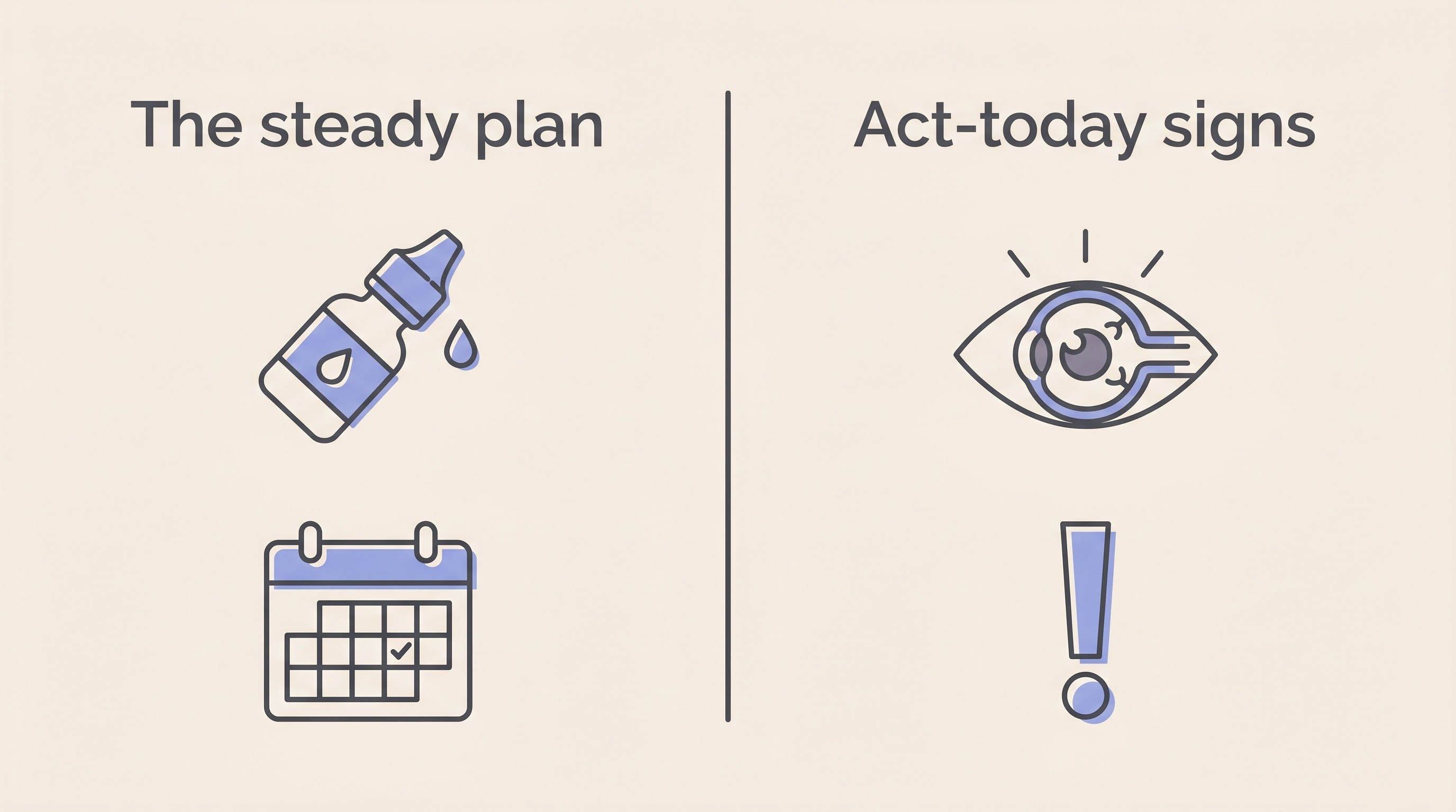 Two-column card on cream contrasting the steady fellow-eye routine with the emergency signs that mean go to the vet today