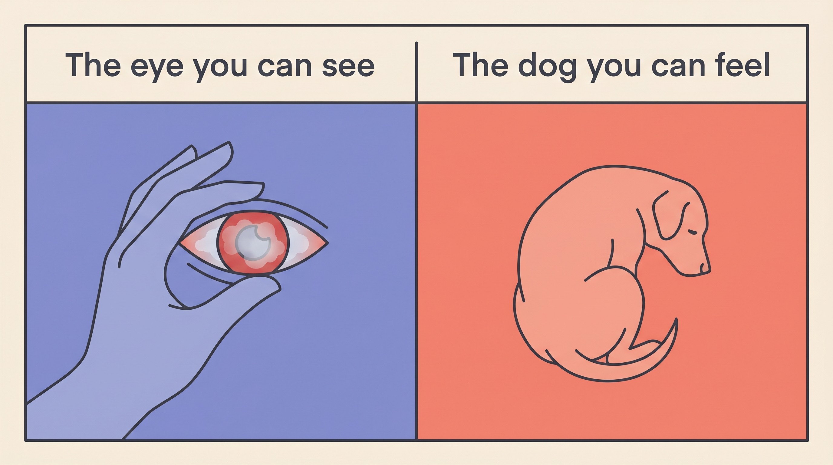 Two-column check card contrasting the visible signs of a glaucoma attack with the quiet behaviour changes owners miss