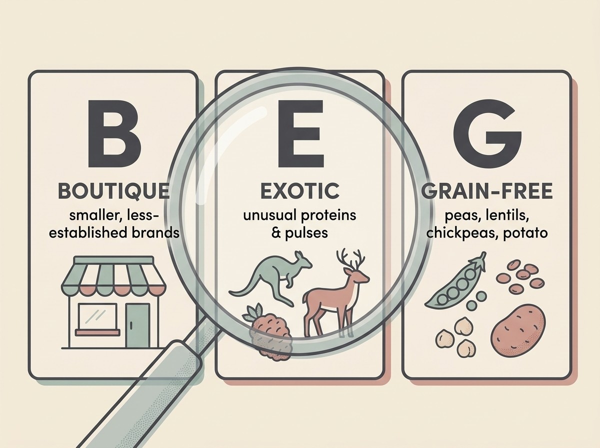A simple diagram unpacking the BEG acronym into its three parts: boutique (smaller, less-established brands), exotic ingredients (kangaroo, venison, alligator, unusual pulses), and grain-free (peas, lentils, chickpeas and potatoes replacing grains), with a magnifying glass over the group to signal that this is a pattern under investigation, not a proven cause.