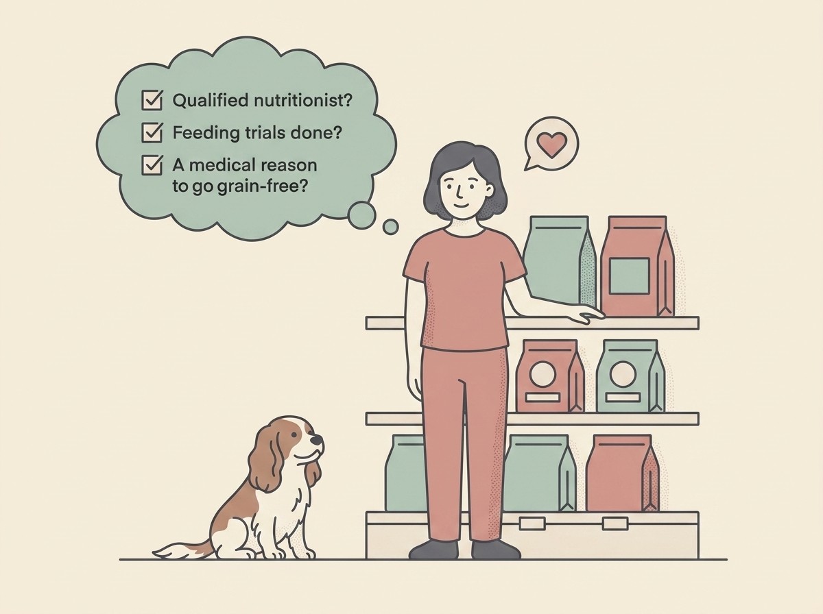 A reassuring decision-style illustration showing an owner and dog at the food shelf, with a thought bubble listing the WSAVA-aligned questions to ask: does the maker employ a qualified nutritionist, do they run feeding trials, and is there a medical reason for a grain-free choice, all framed as a calm conversation to have with the vet rather than an emergency.