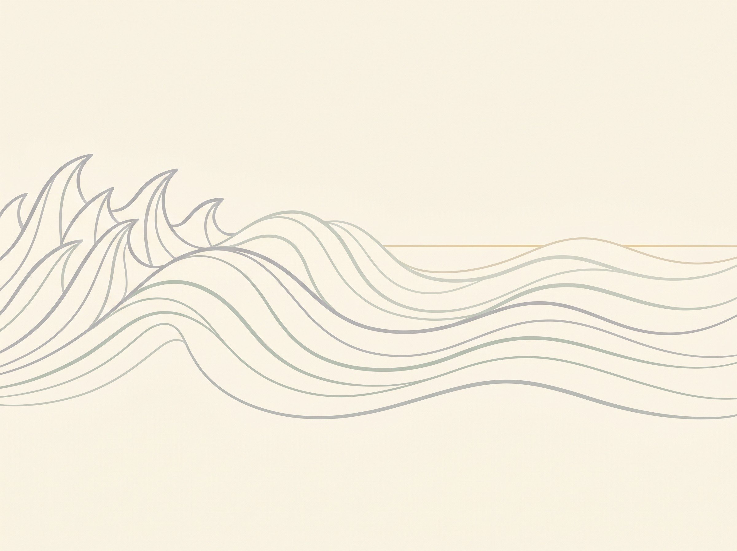 A soft line illustration of grief as waves on a sea over time: tall, closely spaced waves at the left gradually becoming lower and further apart towards the right, but never flattening entirely to nothing, on a warm cream background in dove-grey and sage-green