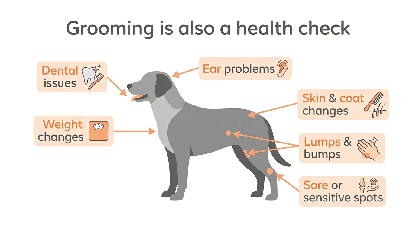 An infographic of a dog silhouette with small annotation arrows pointing to things found during routine grooming: lumps, sore spots, dental issues, ear problems, skin changes and weight changes