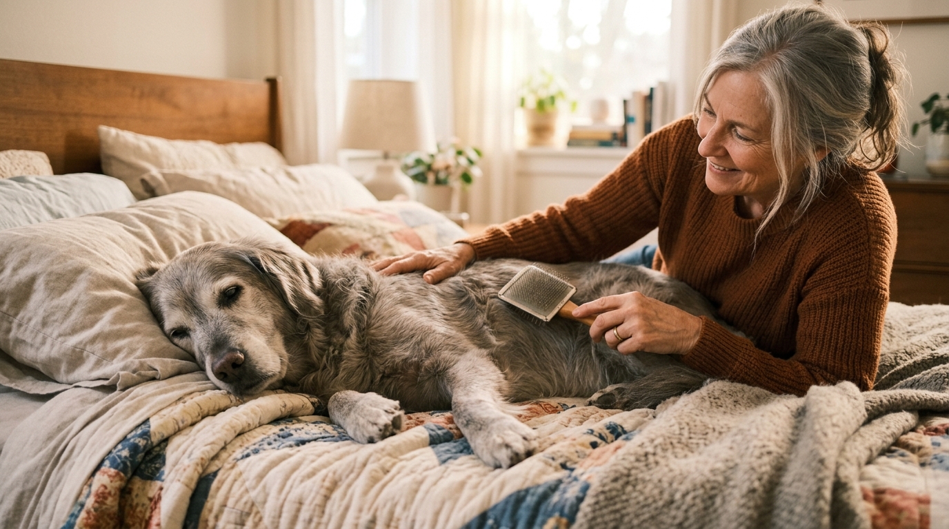 A senior dog lying comfortably on a bed being gently brushed by their owner, eyes half-closed in contentment, soft warm light