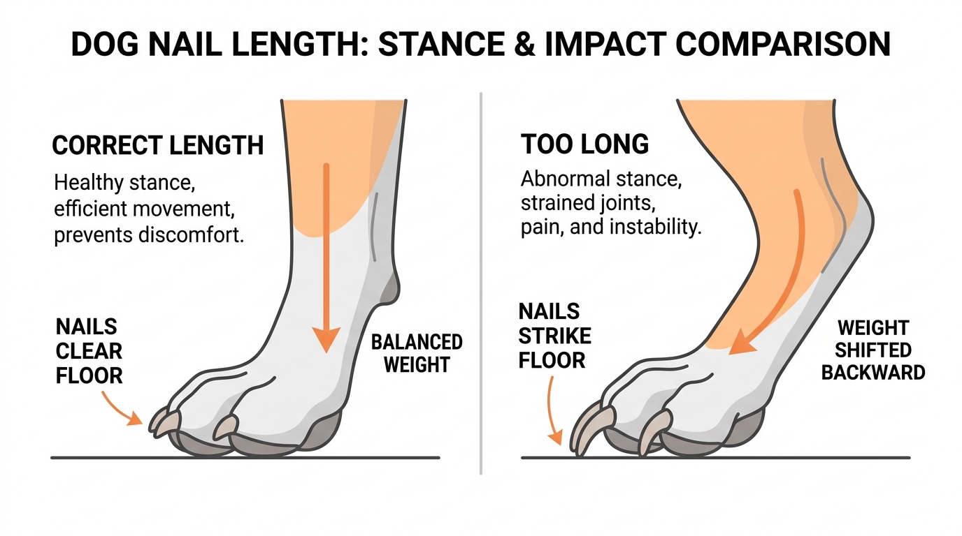 A side-by-side illustration of two dog paws in profile: one with short nails clearing the floor by a millimetre or two, the other with overgrown nails pressing into the floor and pushing the toes upward