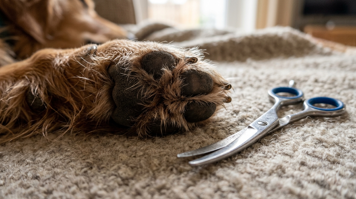 A close-up of a dog's paw with the hair between the pads grown long, beside a pair of curved blunt-tipped grooming scissors, soft natural light