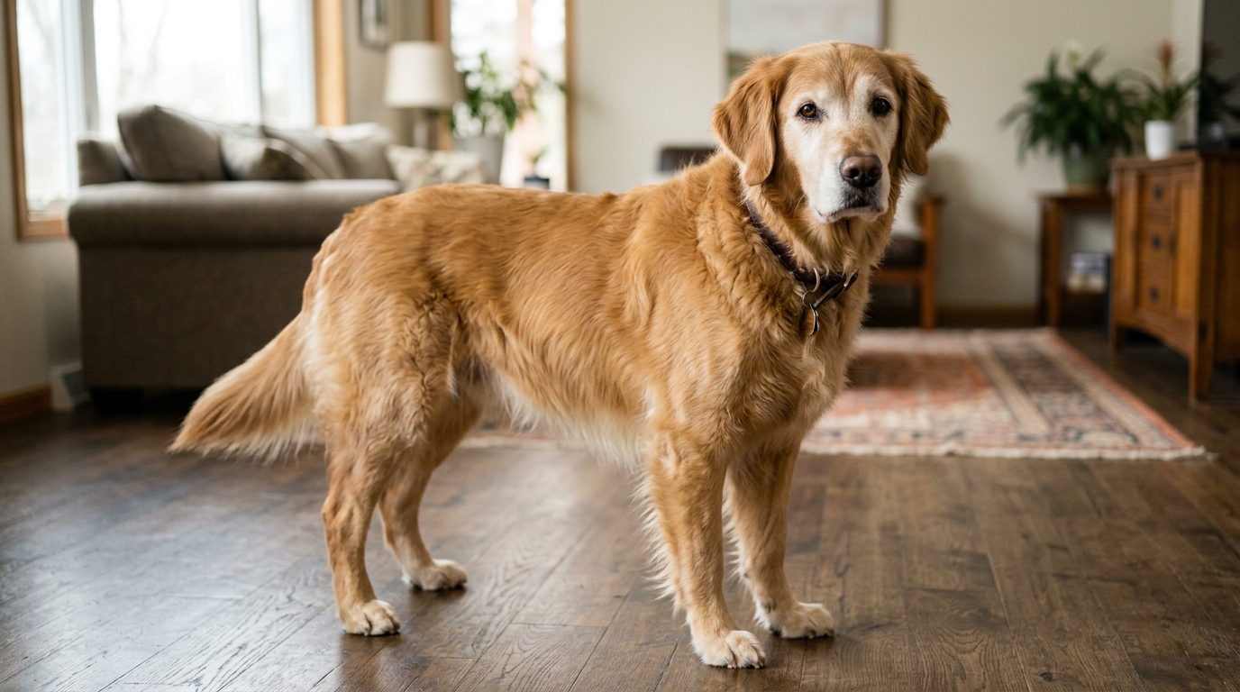 A senior dog standing alert and confident on a hard floor without slipping, paws planted naturally, well-groomed coat