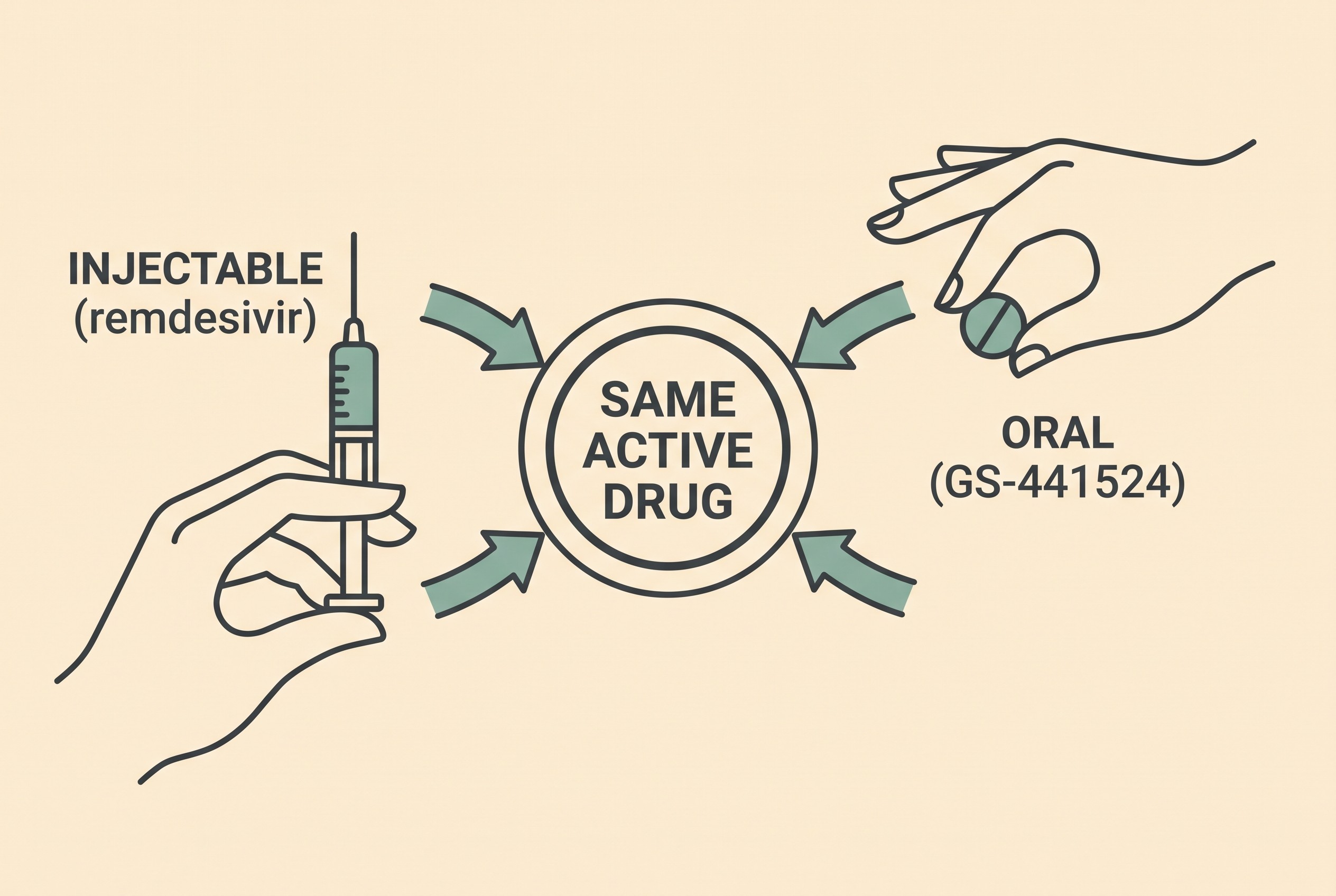 A calm comparison card on cream contrasting an injection route and a tablet route, both arrows meeting at the same sage-teal target