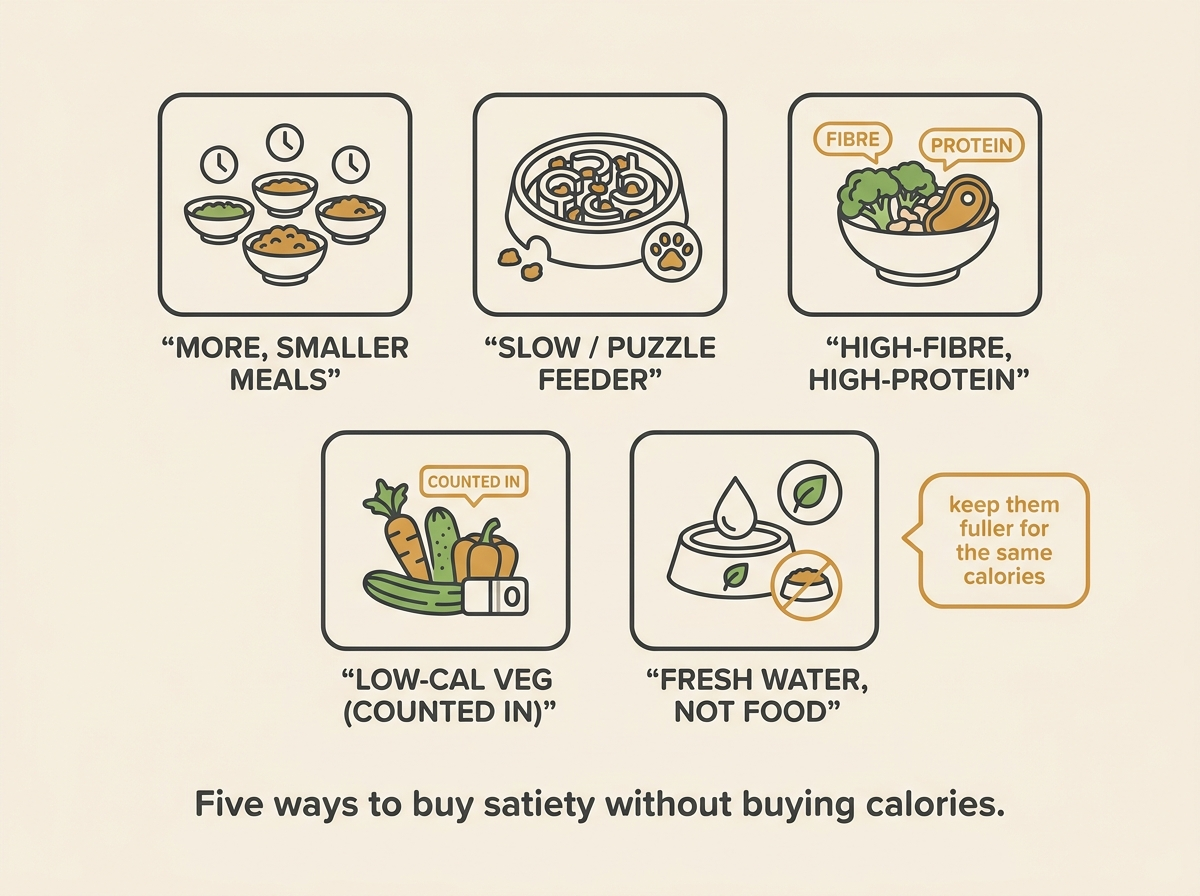A row of five simple icon tiles reading “more, smaller meals”, “slow or puzzle feeder”, “high-fibre, high-protein”, “low-cal veg counted in”, “fresh water, not food”, with a small honey-amber aside reading “keep them fuller for the same calories”.