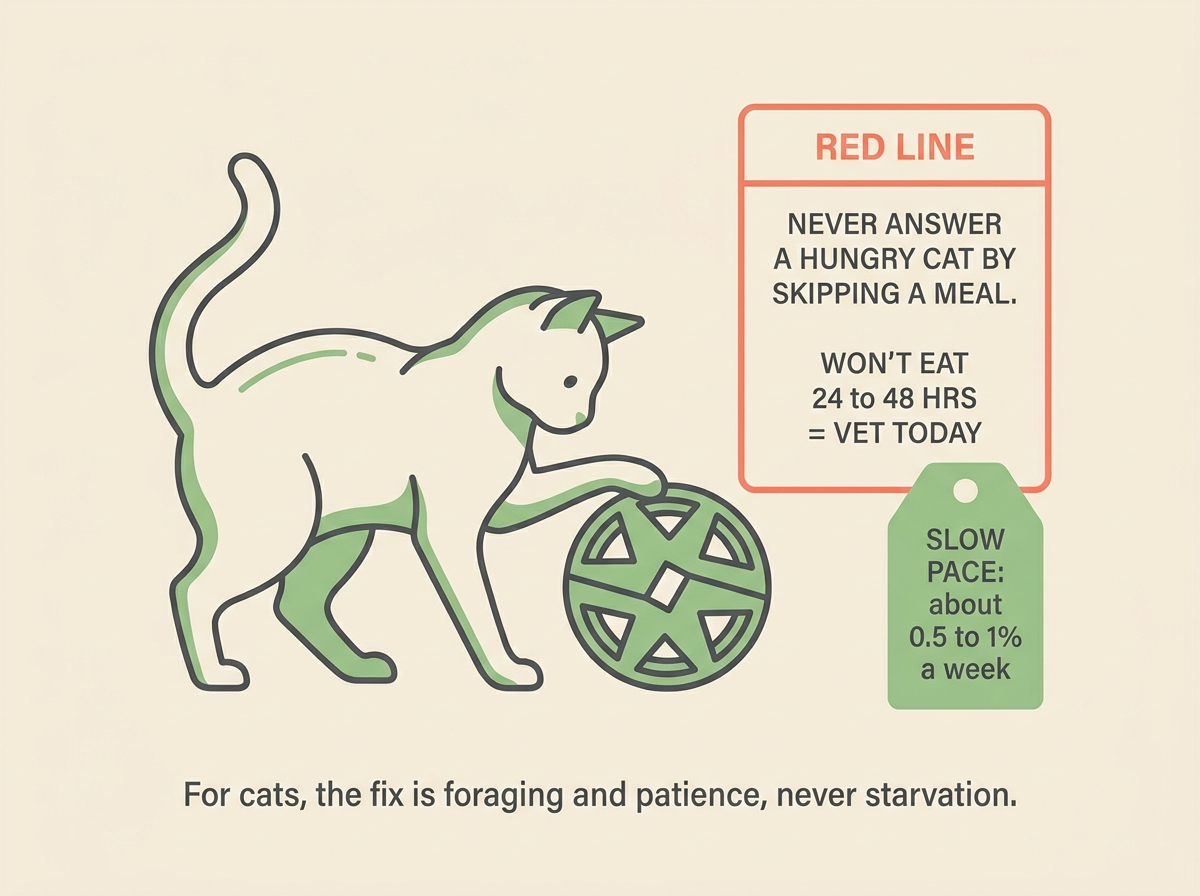 A calm healthy cat batting a food-puzzle ball, beside a coral-bordered card reading “never answer a hungry cat by skipping a meal, won't eat 24 to 48 hrs = vet today” and a leaf-green tag reading “slow pace: about 0.5 to 1% a week”.