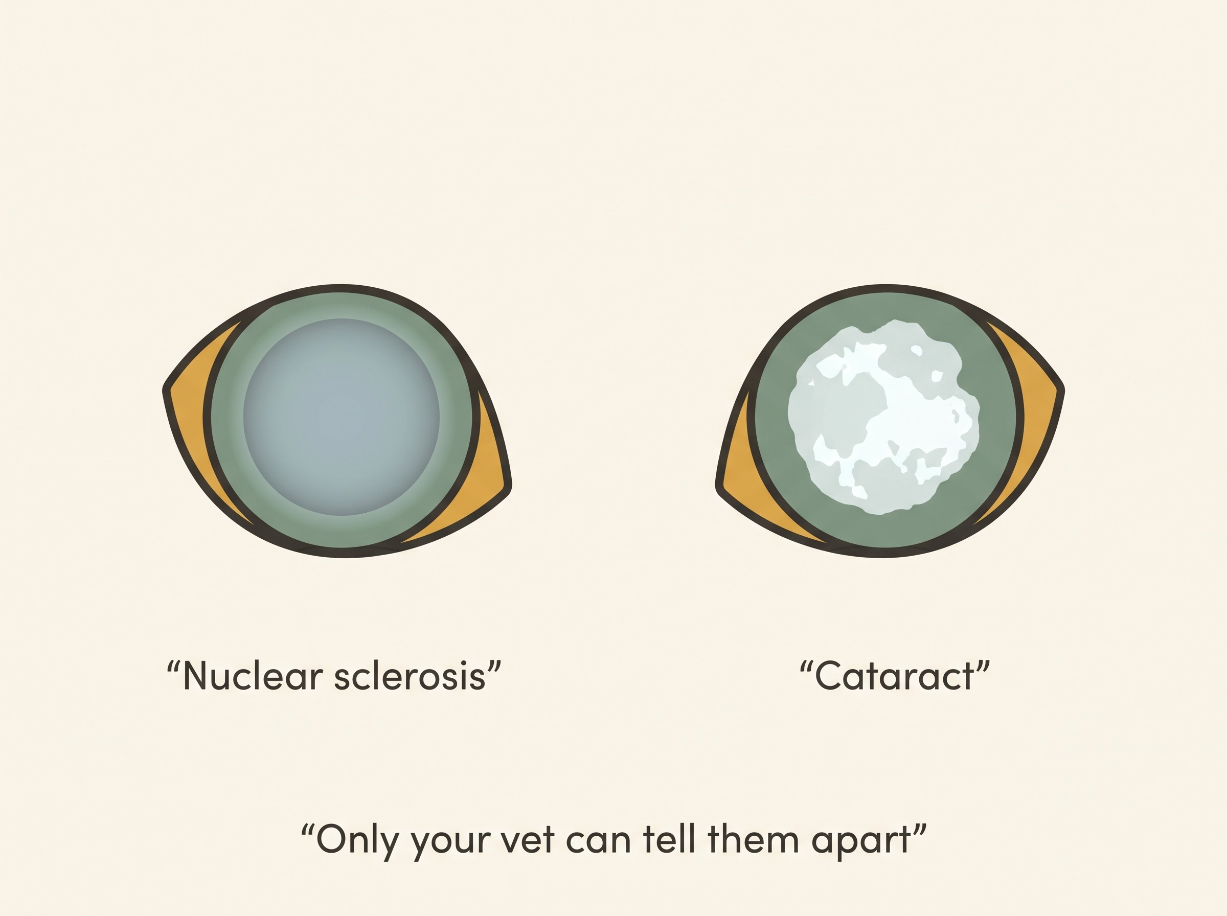 A side-by-side comparison of two older pet eyes. On the left, an eye with an even, bluish-grey haze across the lens, labelled "Nuclear sclerosis: usually harmless ageing." On the right, an eye with a dense white opacity, labelled "Cataract: needs a vet look." A caption underneath reads "Only your vet can tell them apart."