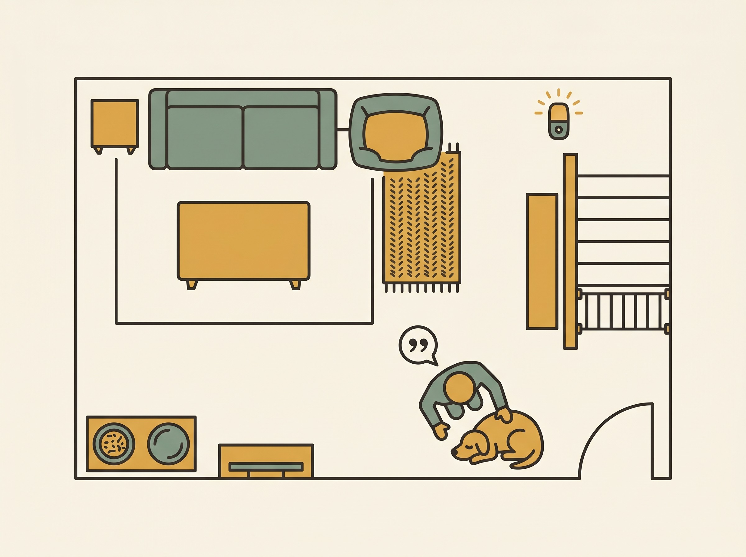 A warm overhead-style illustration of a home laid out for a pet with fading senses: furniture and bowls in fixed positions, a night light at the top of the stairs, a textured rug as a landmark by the bed, a stair gate, and a small icon of a person speaking before reaching down to a sleeping pet. Oat-cream, sage and honey palette.