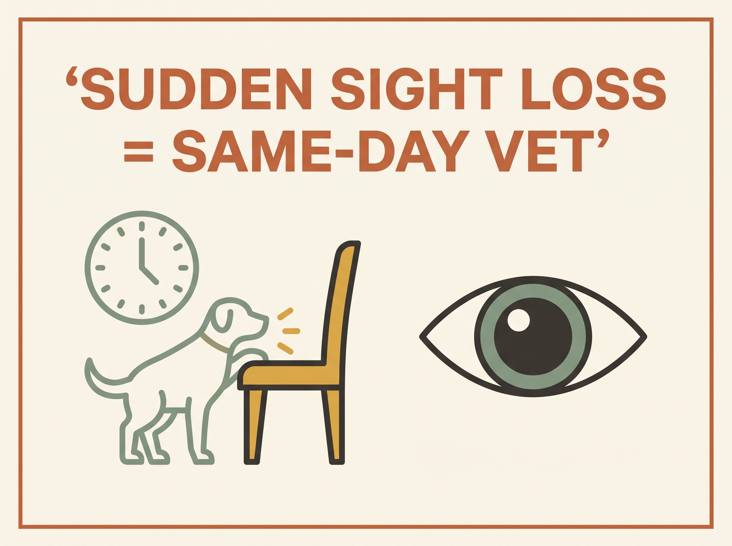 A red-flag illustration on an oat-cream background with a restrained terracotta accent. A clock face sits beside icons of a pet bumping into a chair and an eye with a wide dilated pupil. Bold text reads "SUDDEN SIGHT LOSS = SAME-DAY VET."