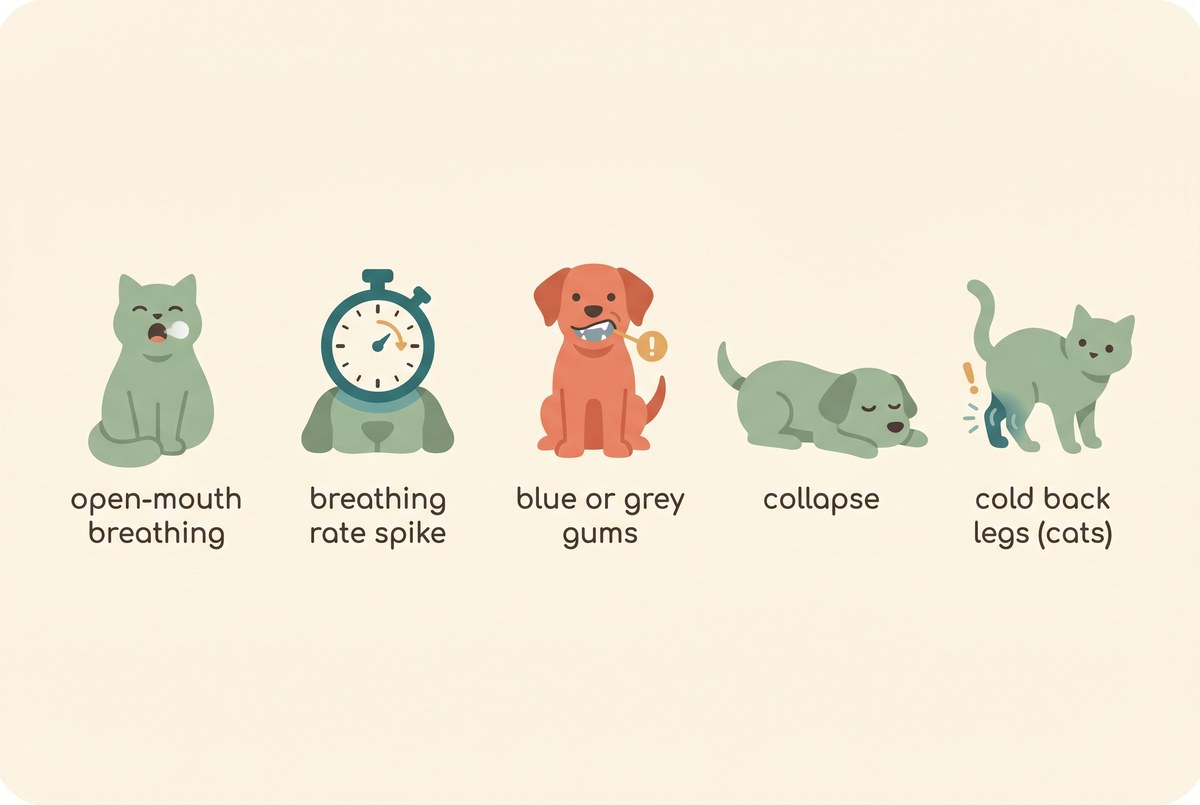 A flat, calm icon panel on a cream background showing five heart-failure red flags side by side: an open-mouthed cat labelled "open-mouth breathing", a stopwatch over a chest labelled "breathing rate spike", a gum check labelled "blue or grey gums", a collapsed dog labelled "collapse", and a cat with a hind leg labelled "cold back legs (cats)".