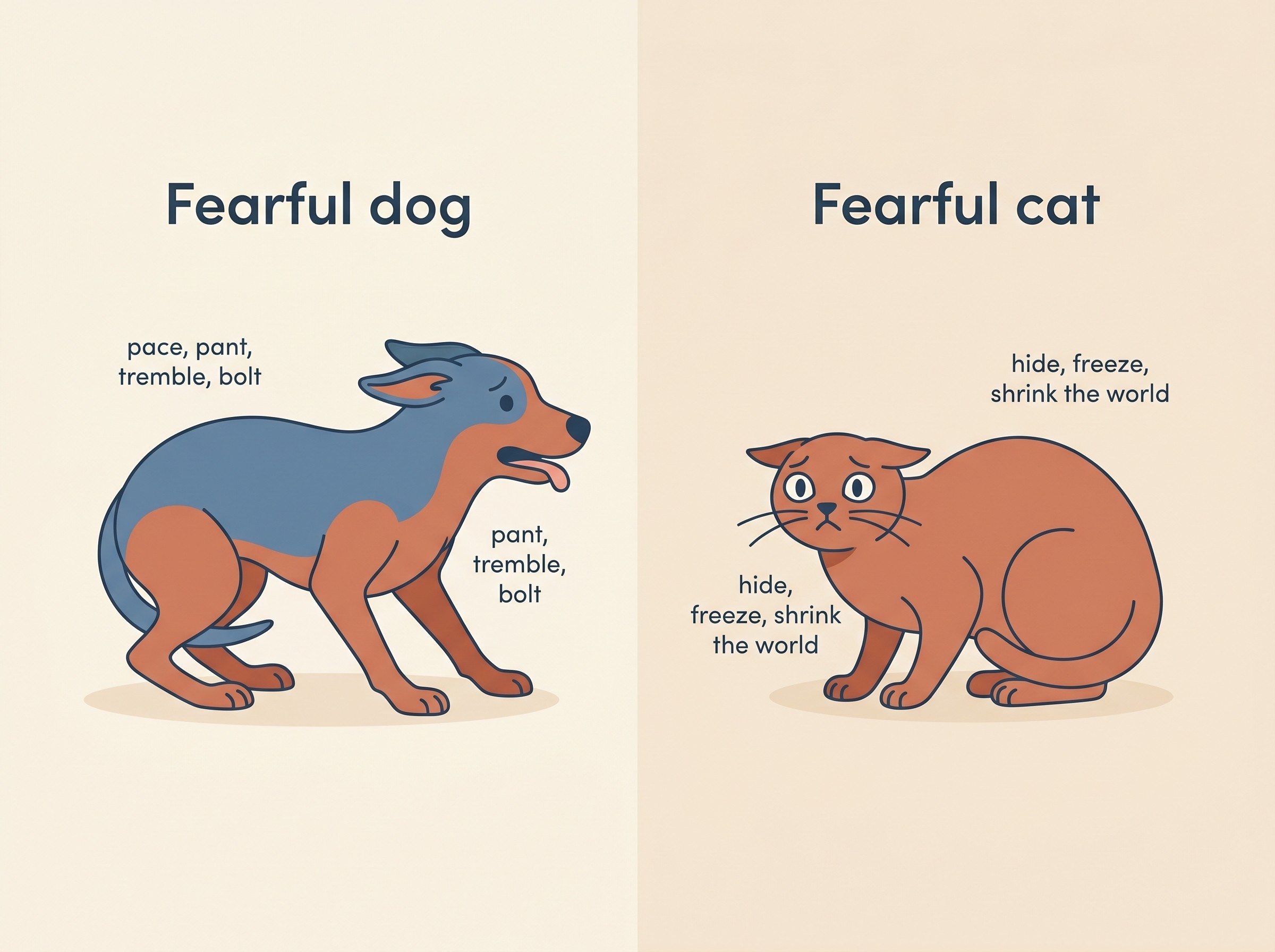 Side-by-side flat illustration of a fearful dog showing a tucked tail, lowered body, flattened ears and panting, next to a fearful cat showing a crouched body, flattened ears, dilated pupils and tense whiskers