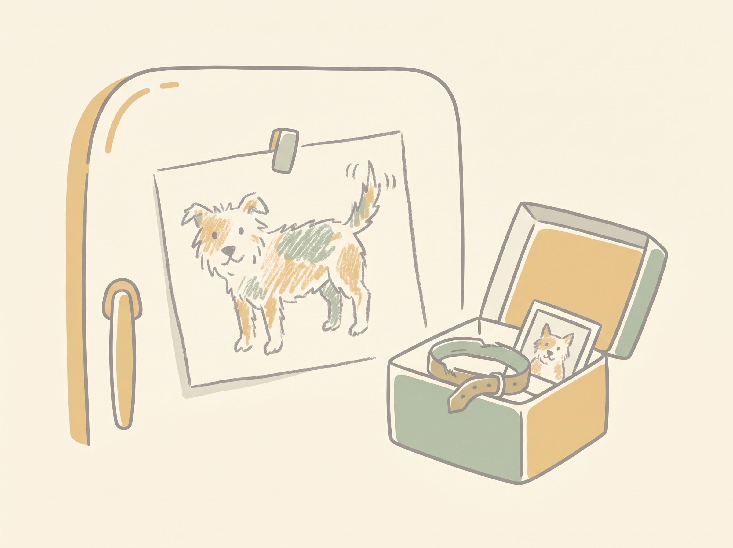 A child's crayon drawing of a dog or cat pinned to a fridge beside a small memory box holding a collar and a photograph, soft candle-gold and sage tones, no faces